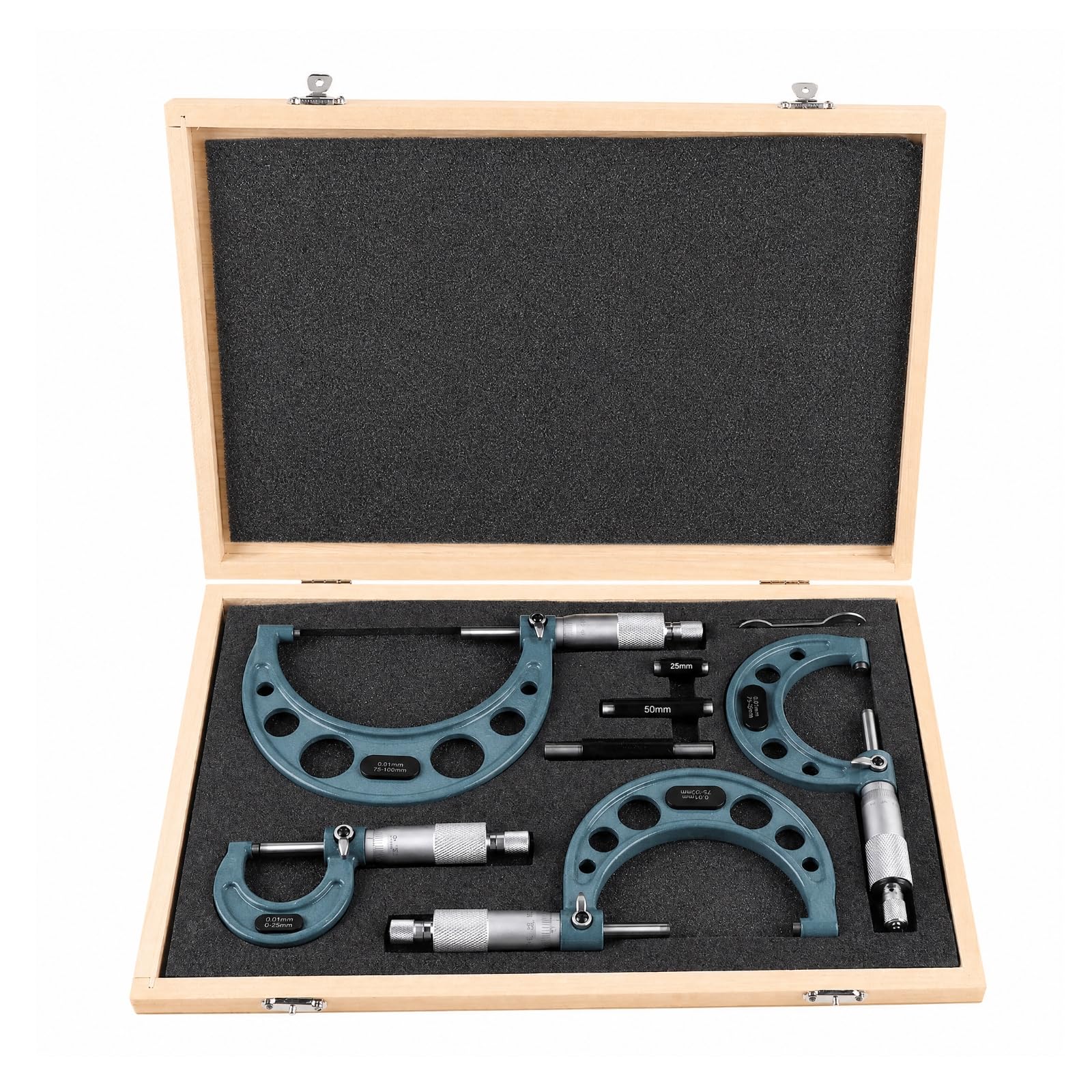 Qianly 4 Piezas Micrómetro Exrior Precisión con Lectura Micrómetro Rango 0-100 Mm Antislizan para Ingenieros, Fabricación Industrial, Caja Madera
