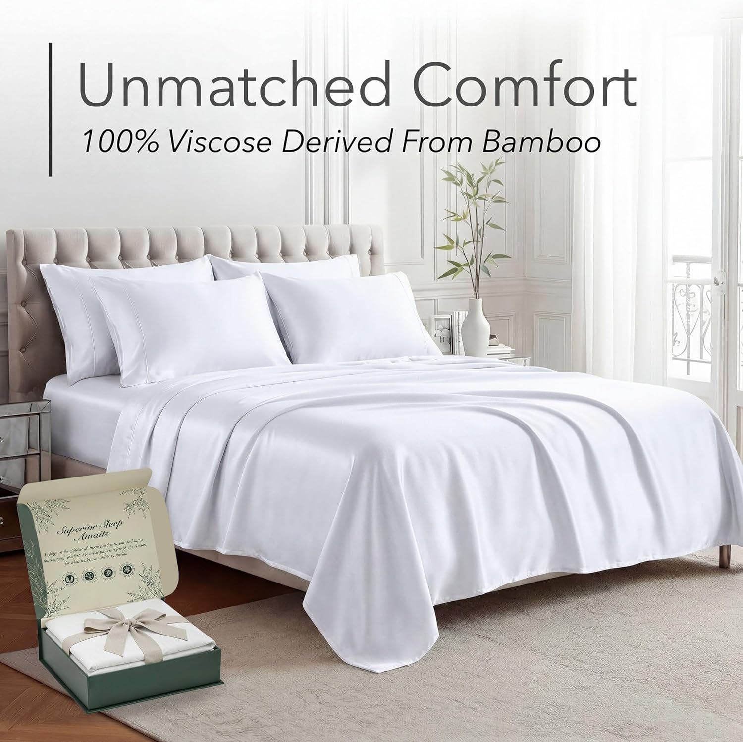 DECOLURE 100% Viscose Derived from Bamboo Sheets Queen Size - Luxury 6 Pc Naturally Cooling Sheets, Ultra Soft Bed Set - Deep 17" Pockets, Durable Double Stitching, Oeko Tex Standard (White) - Image 2
