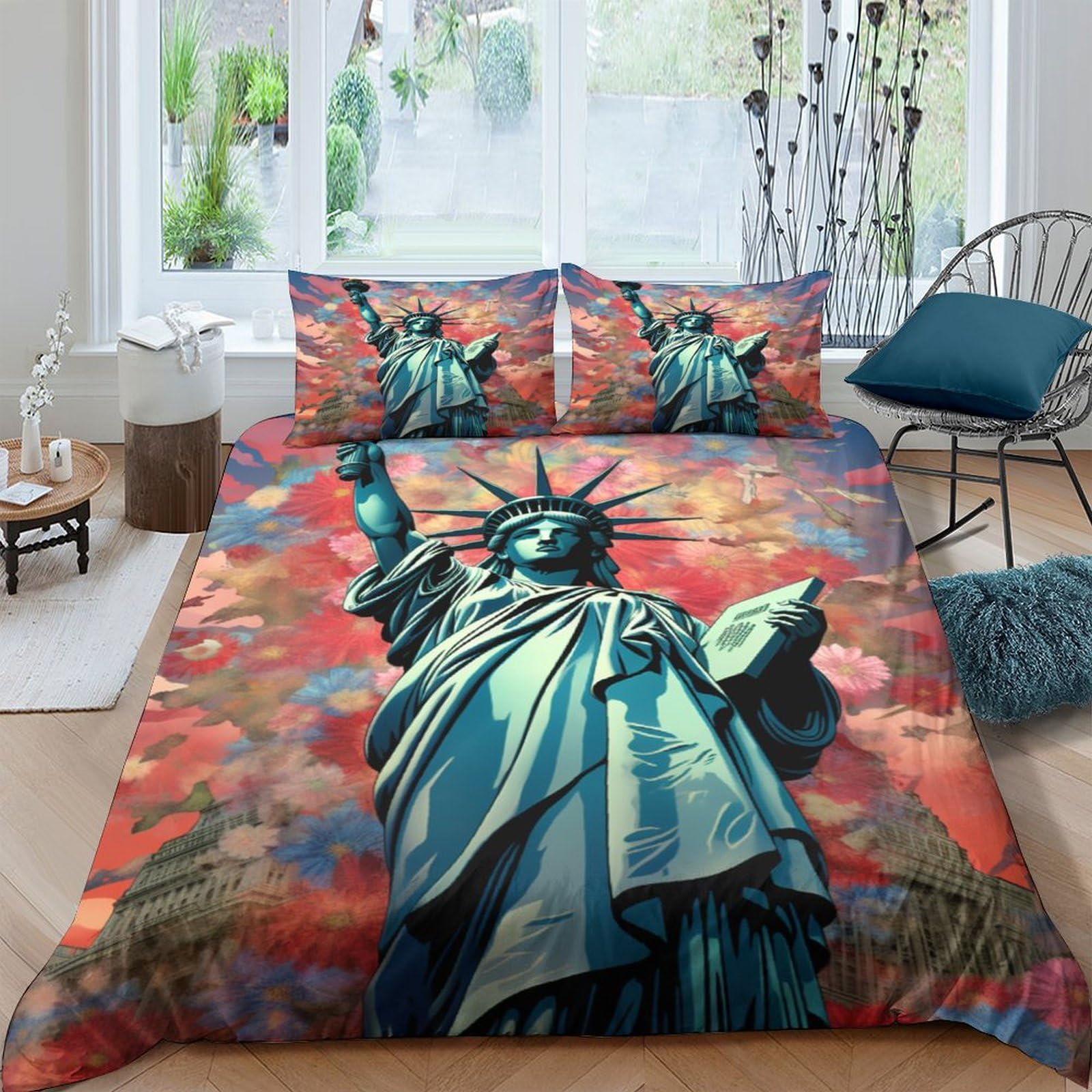 Funda nórdica Estatua de la Libertad suave con cremallera para cama King de 3 piezas