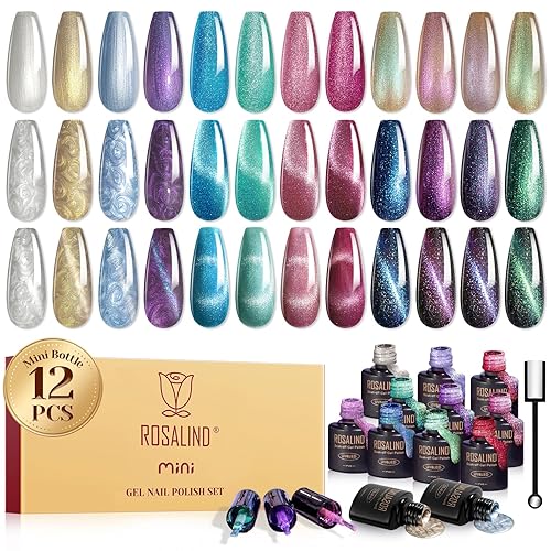 ROSALIND Vernis Semi Permanent Magnétique,12 Couleurs Cat Eye Gel Vernis à Ongles, Vernis Gel UV Semi Permanent avec Bâton Magnétique, Soak-off UV/LED Semi-permanent Manucure Cadeau - 007