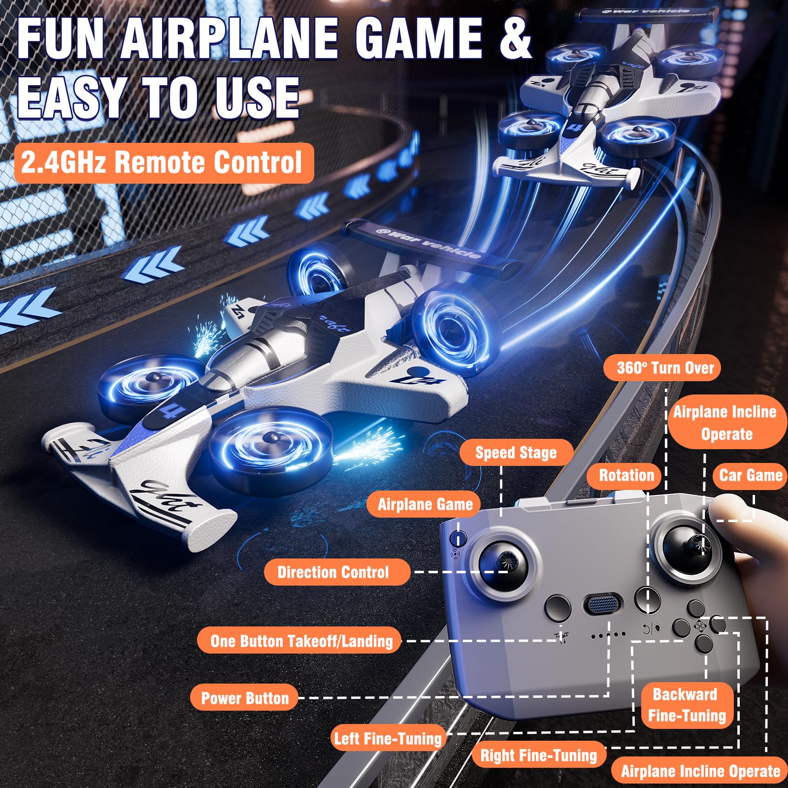 JUKUDAHU RC Flugzeug für Kinder, 2-in-1 Fernbedienflugzeug & Rennwagen | RC Auto, Flug- und Driftmodus, 360°-Flips, Ein-Klick-Start & -Landung, Für Jungen und Mädchen ab 8 Jahren