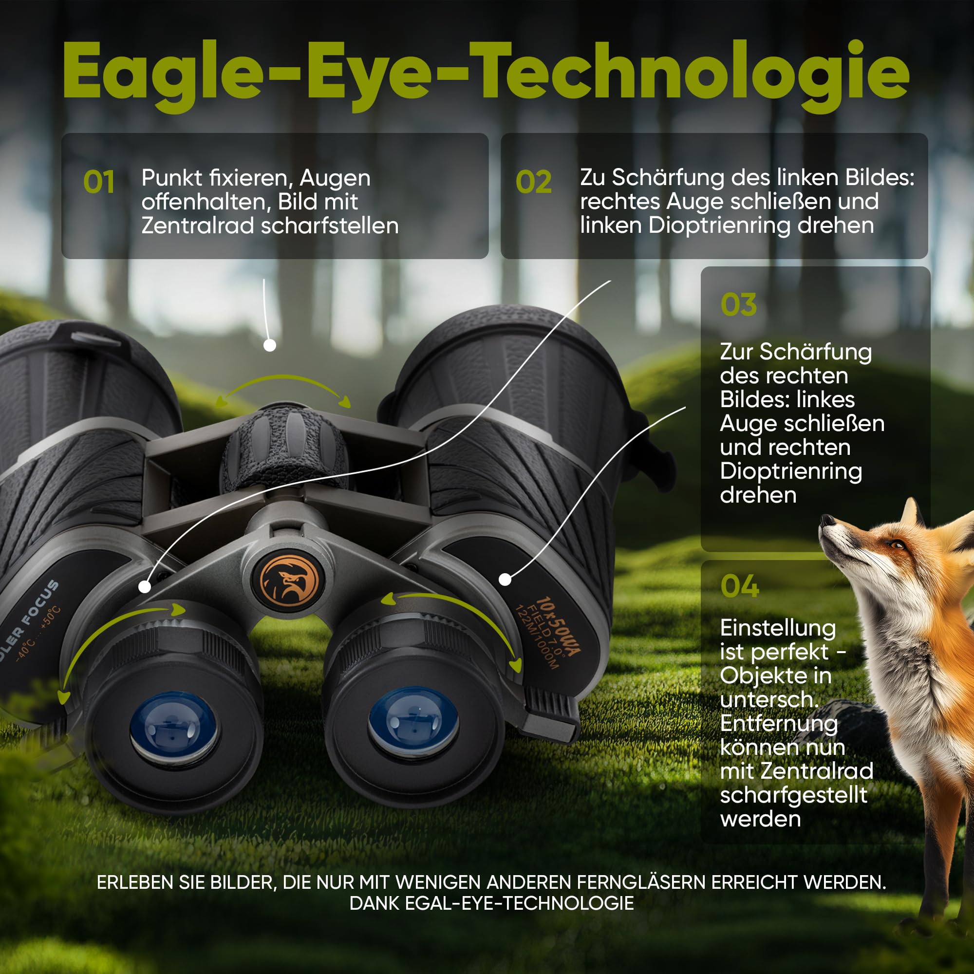 Fernglas 10x50, mehrfacher [TESTSIEGER] für Erwachsene, Eagle-Eye-Technologie, 22mm HD Augenmuschel, BAK4+FMC, Feldstecher, für Brillenträger, Reisen, Jagd, Vogelbeobachtung
