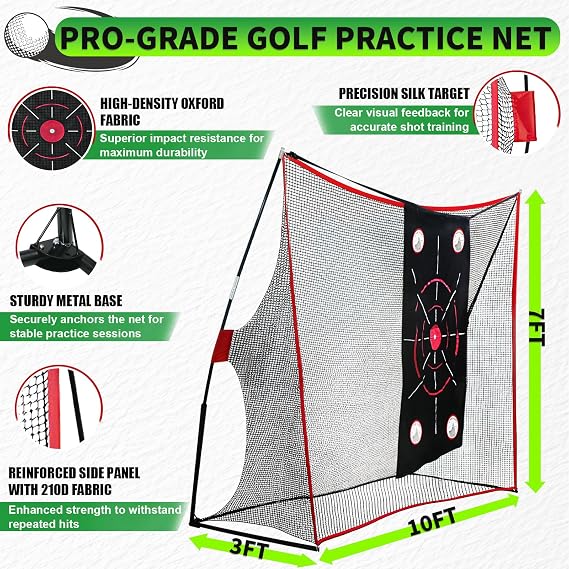 Golf Net, 10x7ft Practice Net with Chipping Nets, Gifts for Golfer | Golf Hitting Aid Nets for Backyard Training with Chipping Nets, Foldable Mat, Silk Target, 8 Tees, 6 Balls, Carry Bag