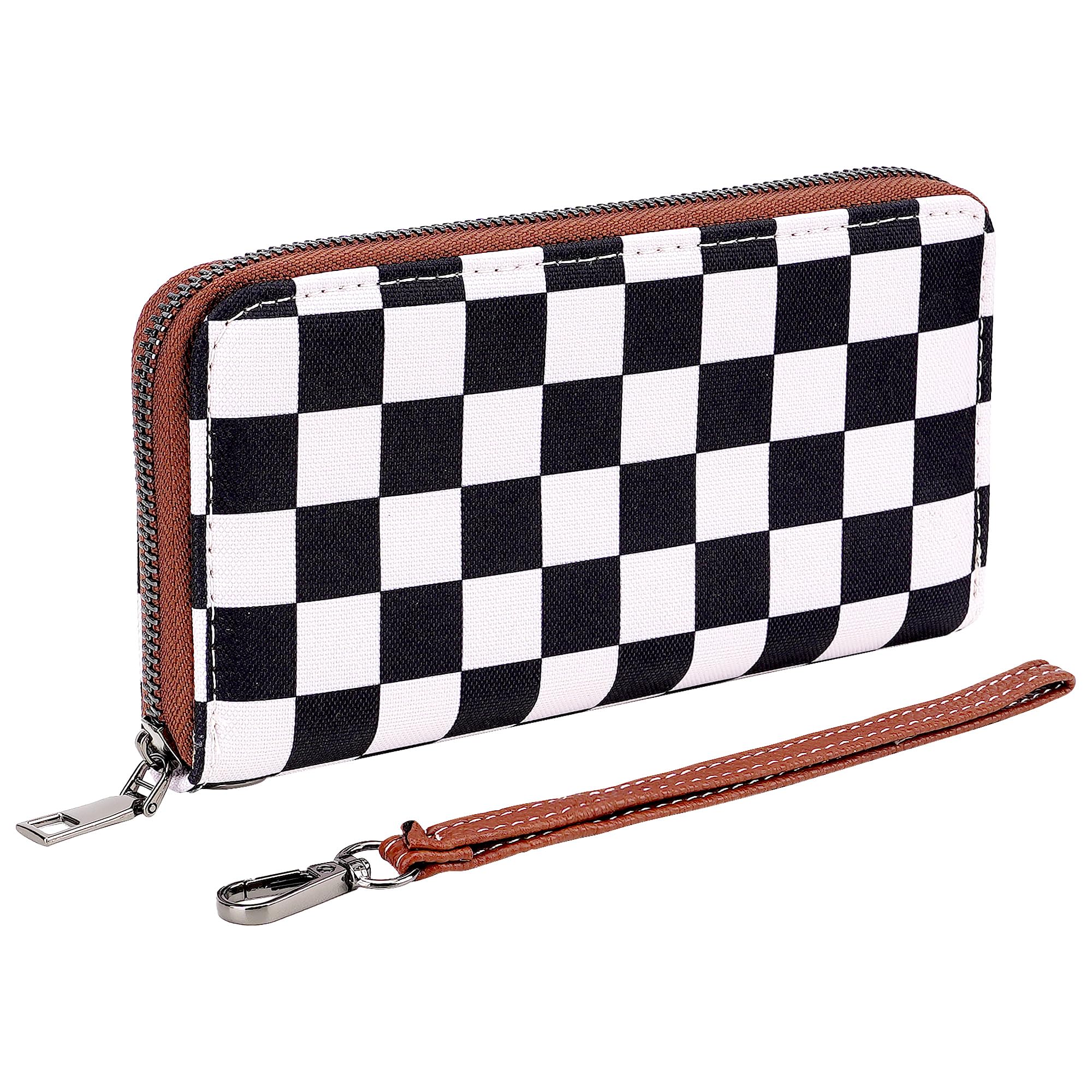 BUNCHBRAVO Checkered Wallet for Women with Wrist Strap – Zip Around Canvas Clutch with Card Slots, Cash Pocket & Interior Zip Pouch, Black & White