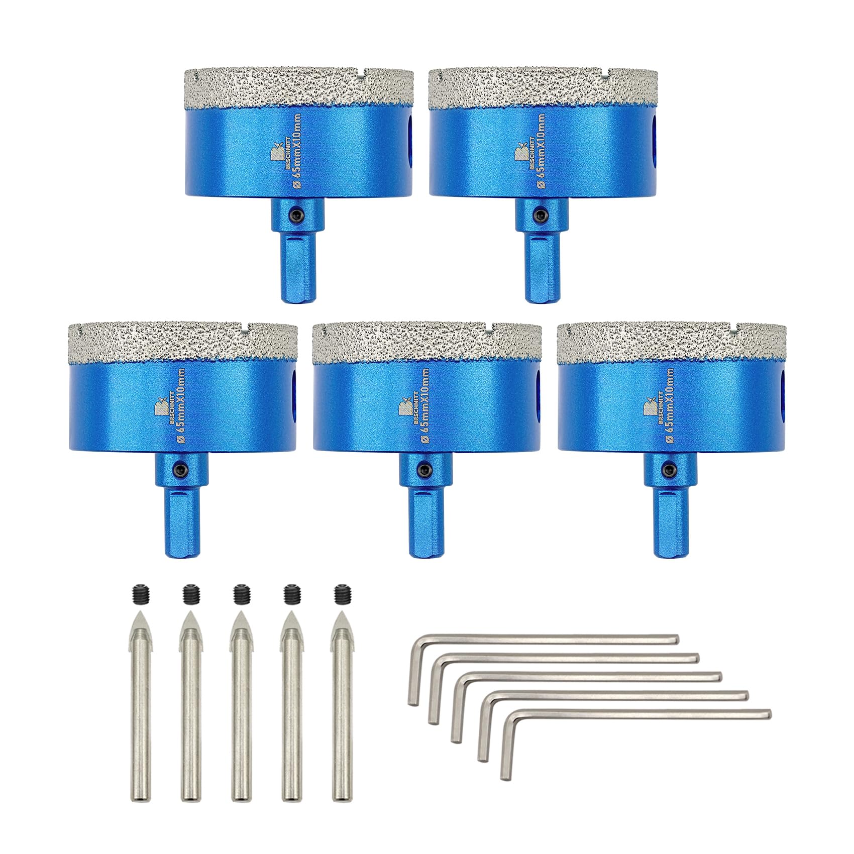 BRSCHNITT Dry Diamond Core Drill Bit with Pilot Bit - 2 1/2"inch Diamond Tile Hole Saw with Triangle Shank for Porcelain Tile Ceramic Stone Granite Marble(5pcs)