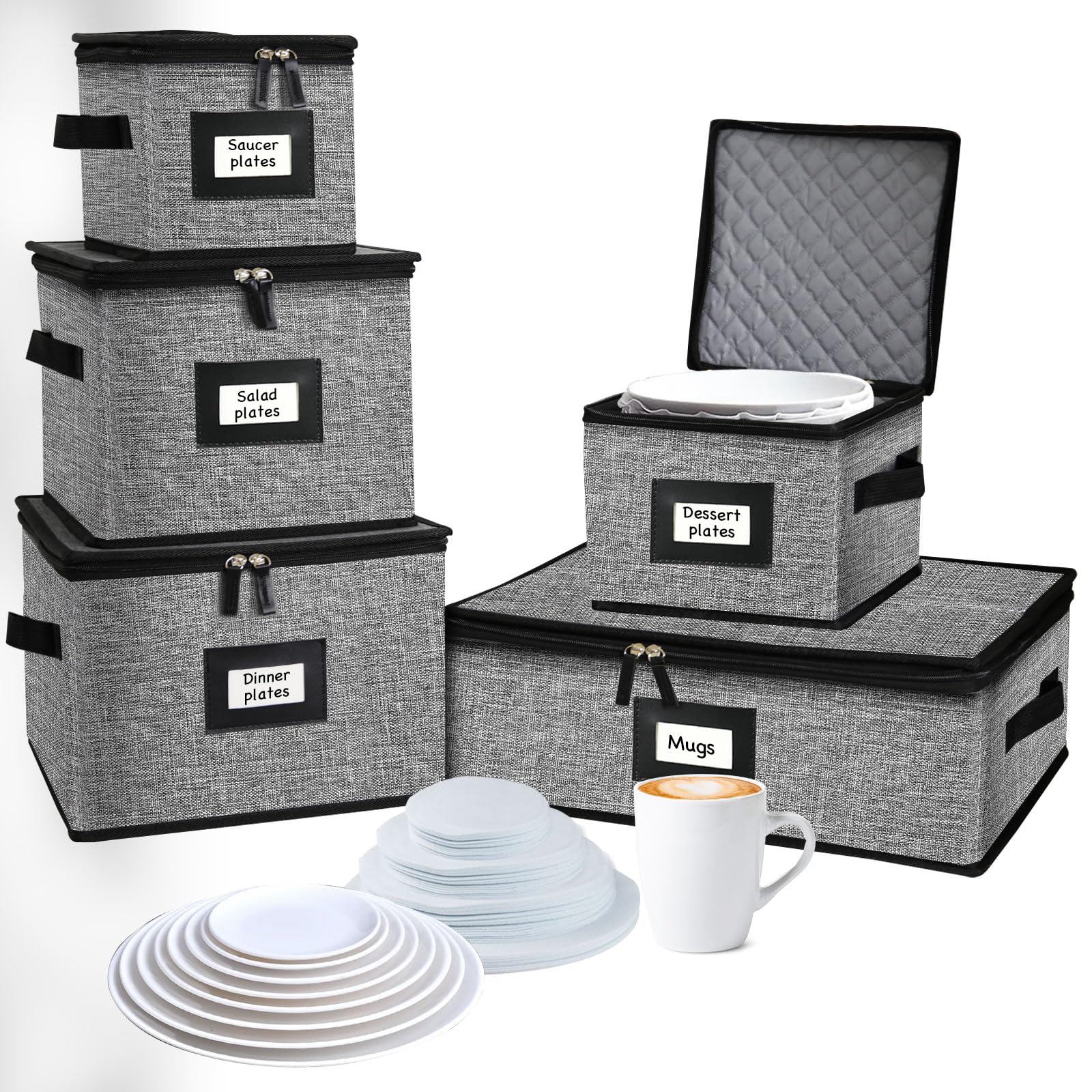 5 PACK China Storage Containers-Quilted Mug Storage and Moving Boxes for Dishes,Dish Packing Supplies for Moving,Dinnerware &amp;Accessories,Holds a total of 48 plates (4 sizes) and 12 cups(Grey)