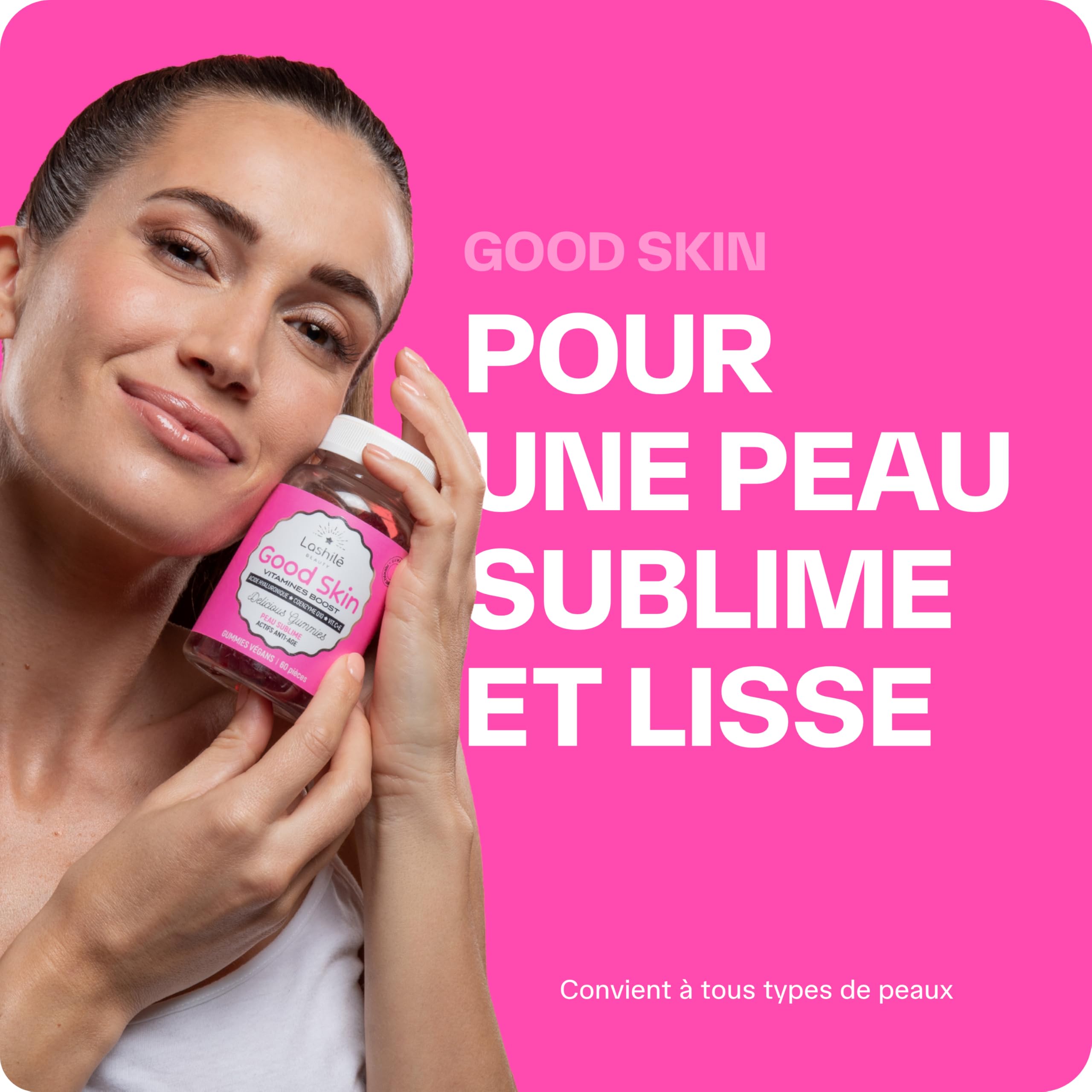 Lashilé Beauty - Gummies Anti-Âge + Anti-Rides - Fermeté & Éclat de la peau - Good Skin Vitamines -Complément Alimentaire Peau - Acide Hyaluronique Q10 Vitamines C & E - Cure 3 Mois 180 Gummies