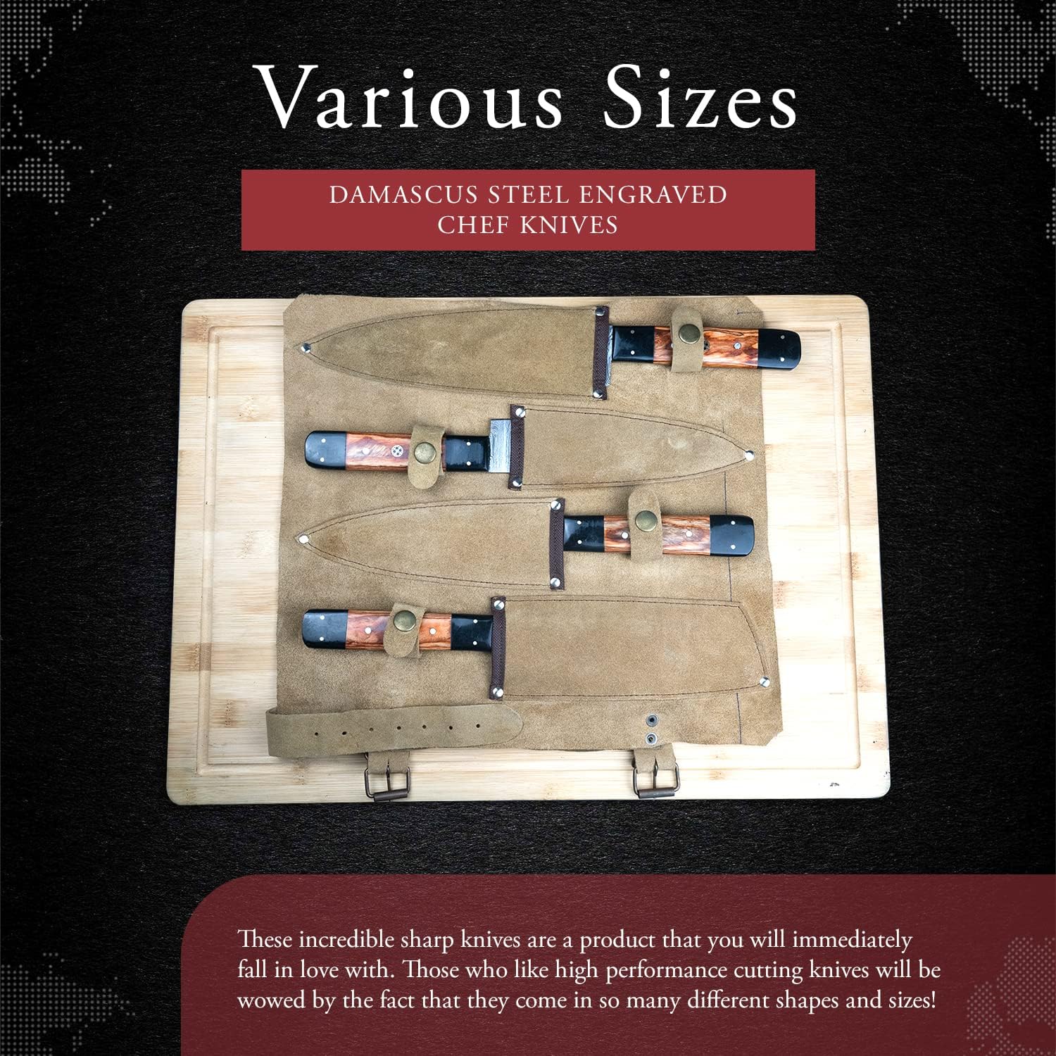 Morf Steelware Damascus Chef Knife, 4 Pieces of Damascus Steel Kitchen Knife, Handmade BBQ Knife with Leather Roll, Damascus Chef Cooking Knife, Kitchen Knife Set for Cutting & Chopping