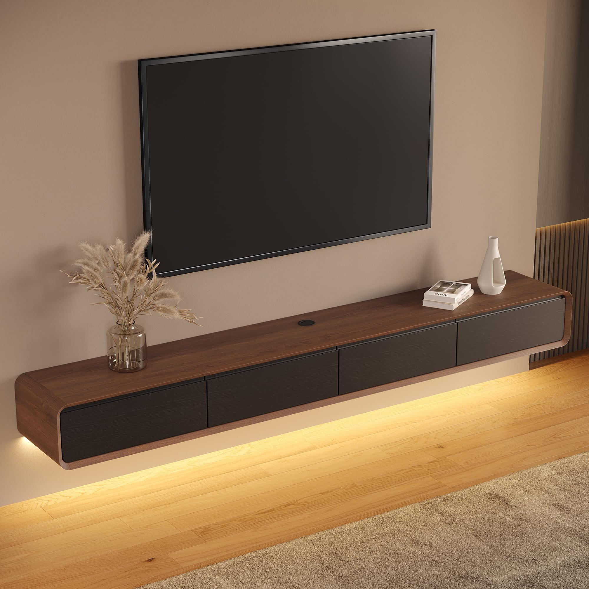 Photo 1 of POVISON Fully-Assembled Minimalist Floating TV Stand with LED Lights, Modern Wall-Mounted Media Console with 4 Flip-Down Cabinet Doors for 85 Inch TV, Walnut Veneer, 94"