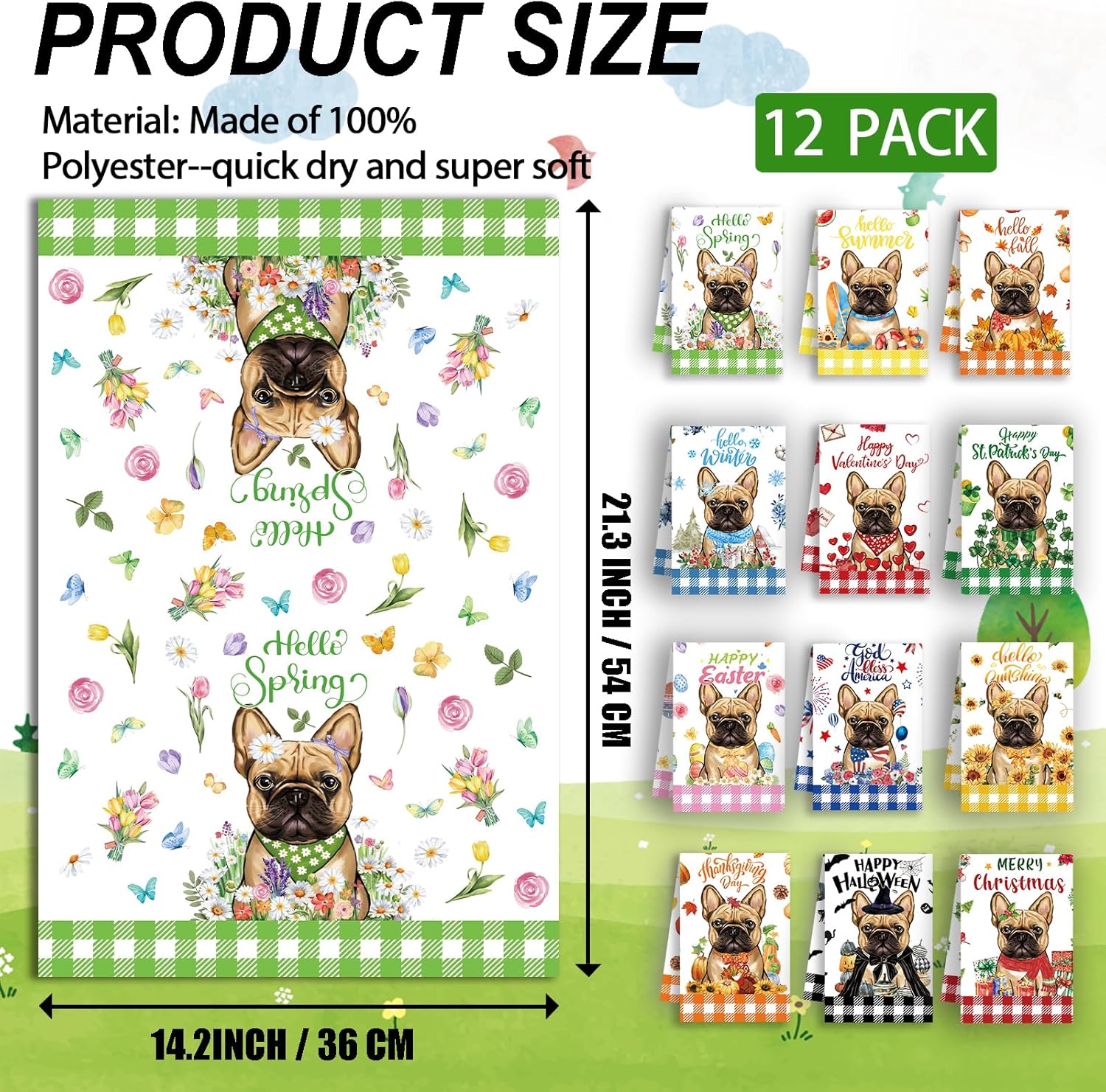 Cute French Bulldog Holiday Kitchen Towels Set of 12, Funny Dog Hand Towels, Puppy Dish Cloths for Kitchen Decorative, Fall Winter Absorbent Dishcloths Wash Cloths 21.3x14.2 Inch