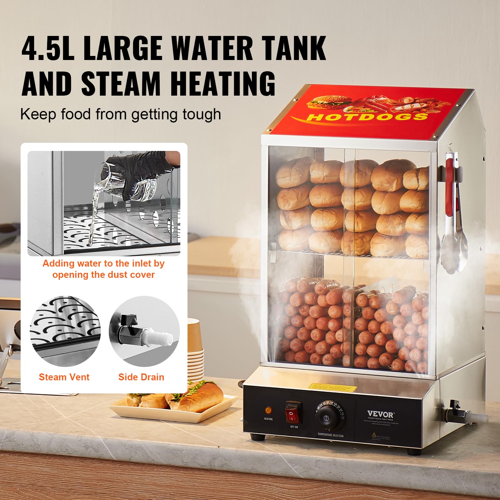 VEVOR Macchine per Hot Dog a Vapore 37L da 2 Ripiani, Controllo Temperatura 30℃~85℃, Macchina Scalda Panini Elettrico con Porte Scorrevoli in Vetro Temperato Piastra Divisoria per Hot Dog Panini