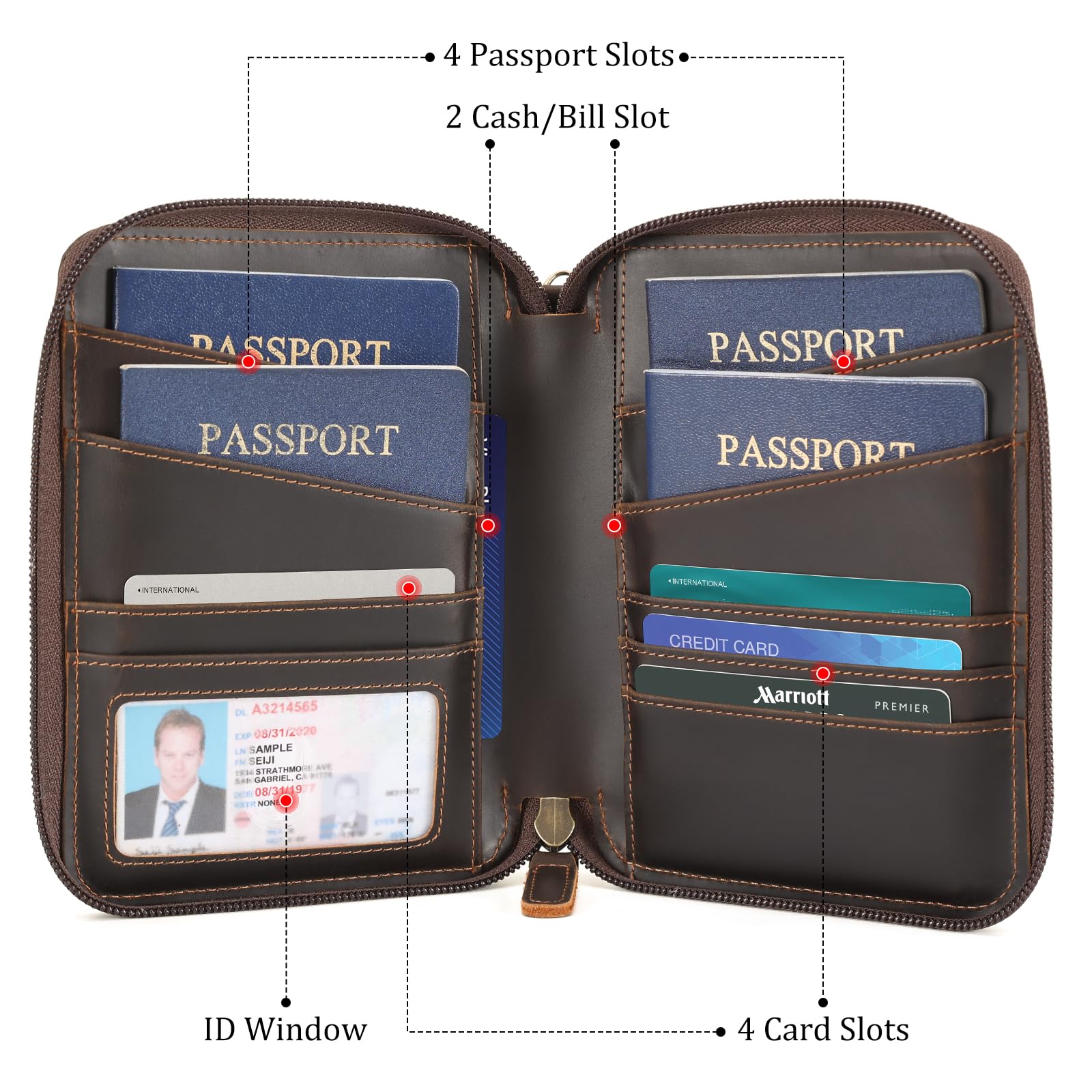 Polare - Portafoglio per passaporto, in pelle pieno fiore, per 4 passaporti, blocco RFID, con doppia copertina per passaporto, organizer per documenti da viaggio, marrone scuro, in pelle