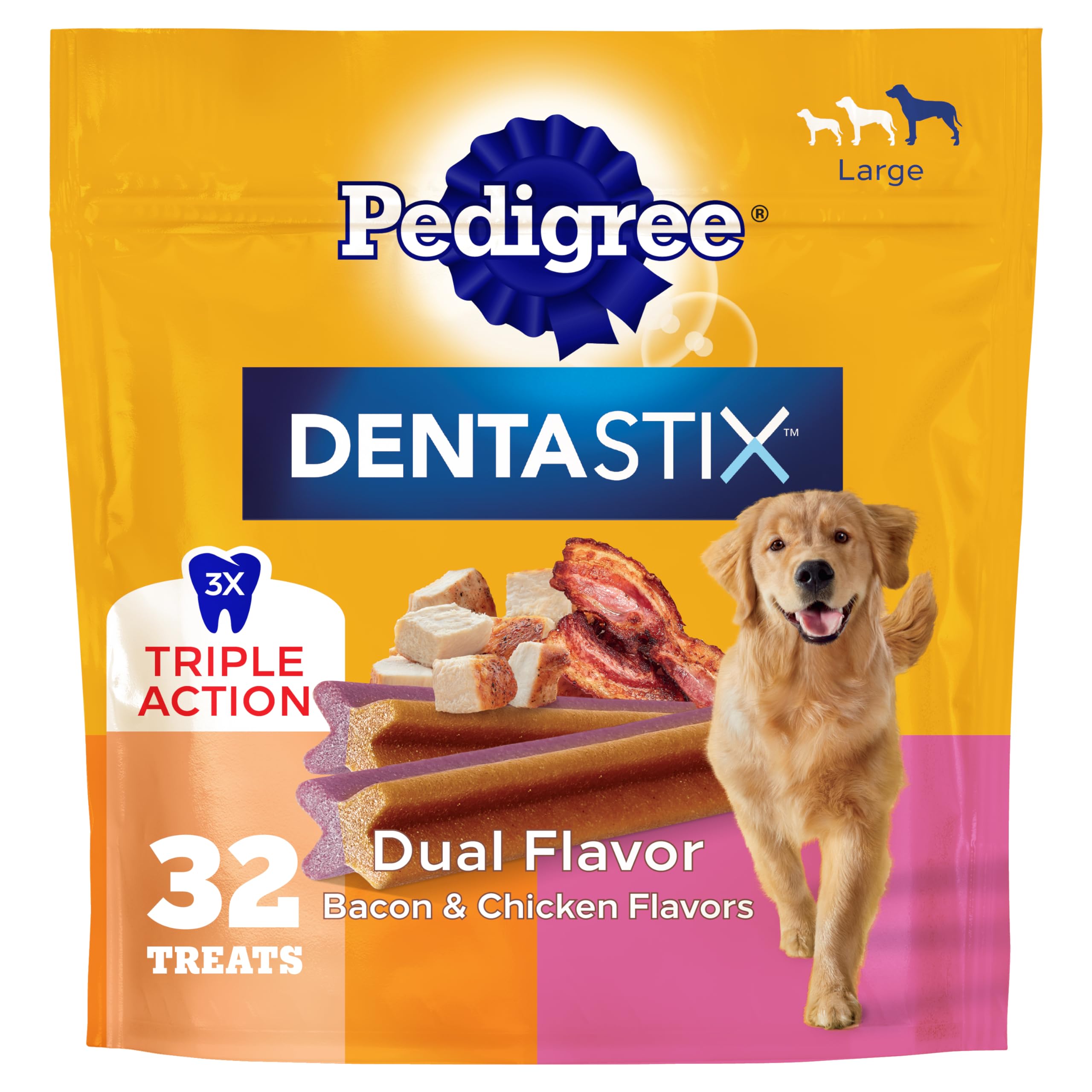 Dentastix Dog Dental Treats, Dual Flavor Large Breed Dog Treats, Bacon & Chicken Flavor, 1.47 lb. Bag (32 Treats Total)