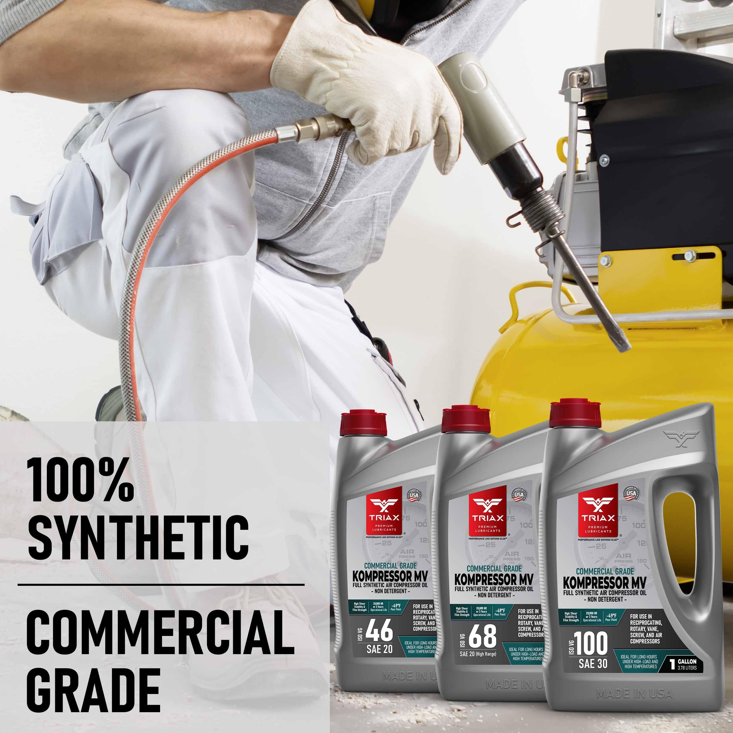 Triax Kompressor MV ISO 46, Multi Viscoso, aceite totalmente sintético para compresores de aire rotativos, de paletas, de tornillo, recíprocantes, alta temperatura, 20.000 horas (1 galón/3.78 l)