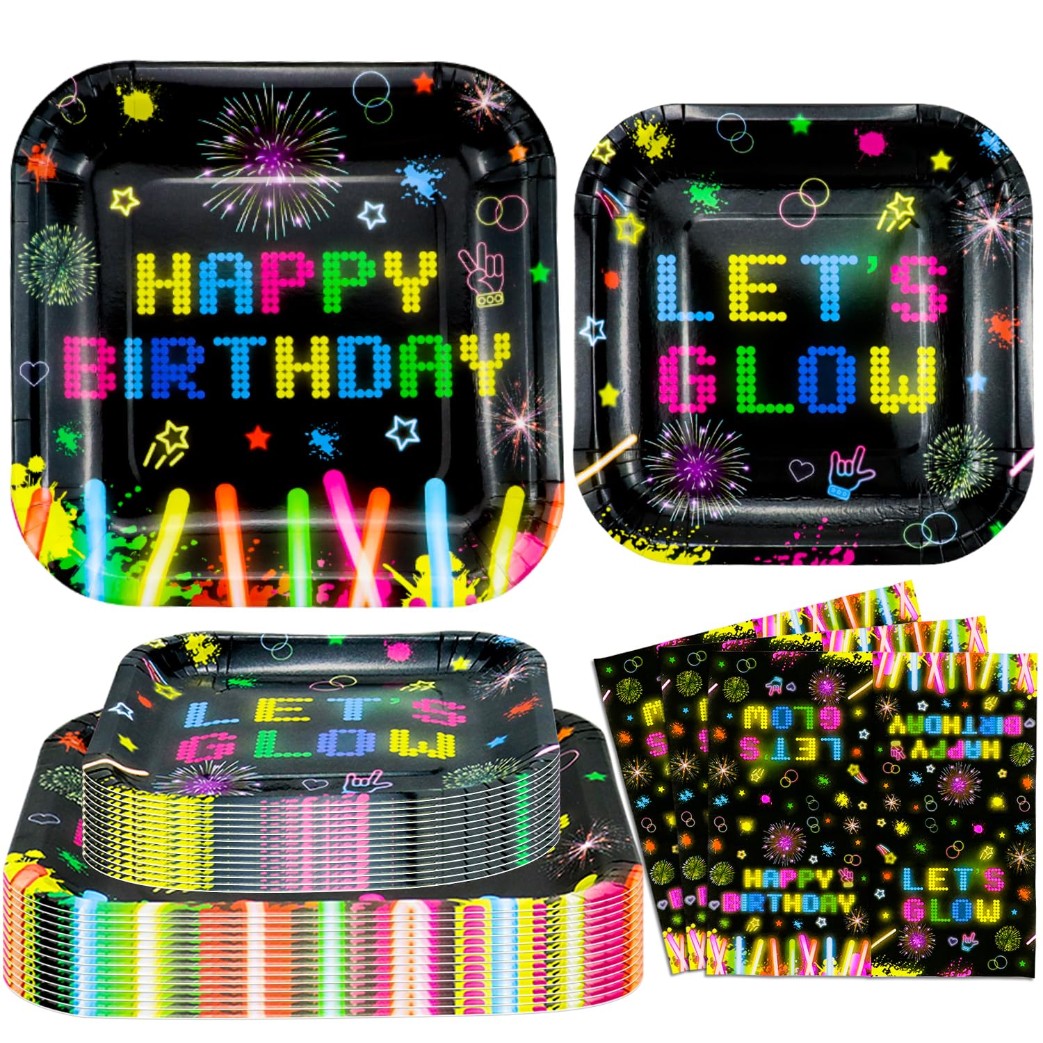 120 Pack Neon Glow Tableware Set - Glow in The Dark Birthday Plates, Napkins, Blacklight Party Decoration Serves 40