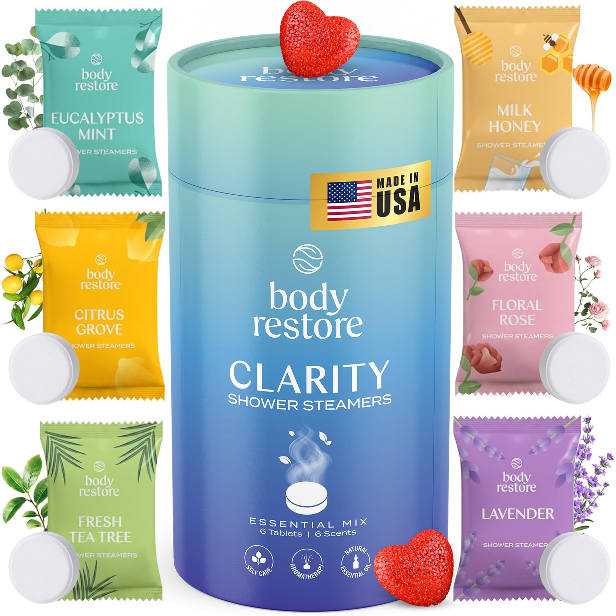 Body Restore Shower Steamers Aromatherapy 6 Pack - Birthday Gifts for Men, Women, Dad Gift, Stress Relief, Relaxation, Self Care - Clarity