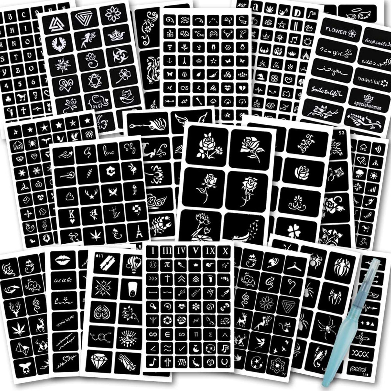 Koogel 524PCS Henna Tattoo Stencil Kit with Pen, Reusable Body Art Templates for Festivals, Parties & Weddings, Perfect DIY Craft Gift for Women, Girls, Kids