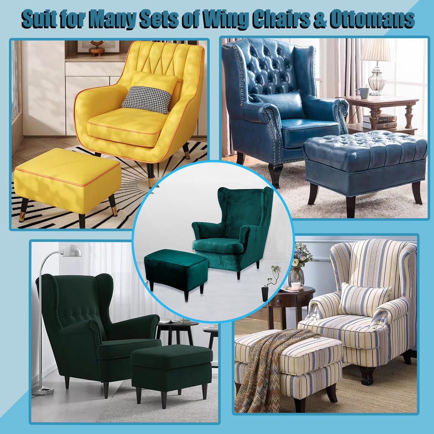 Wingback Chair Covers 2 Piece Set and Ottoman Slipcover, Stretch Velvet Wing Chair Cover Armchair Slipcovers Tiger Chair Cover (Dark-Green,Wing Chair &Ottoman)