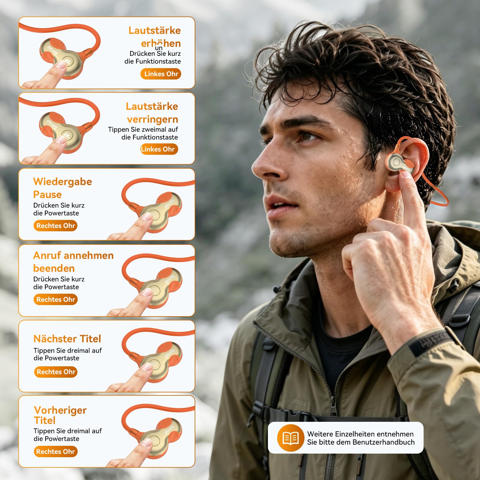 OHAYO Open Ear Kopfhörer Bluetooth, Kopfhörer Joggen, Bluetooth 6.0, Wasserdicht nach IPX7, 10h Laufzeit, Wiegt Nur 19 g, Ideal für Sport – Laufen, Radfahren, Autofahren, Wandern und Bergsteigen