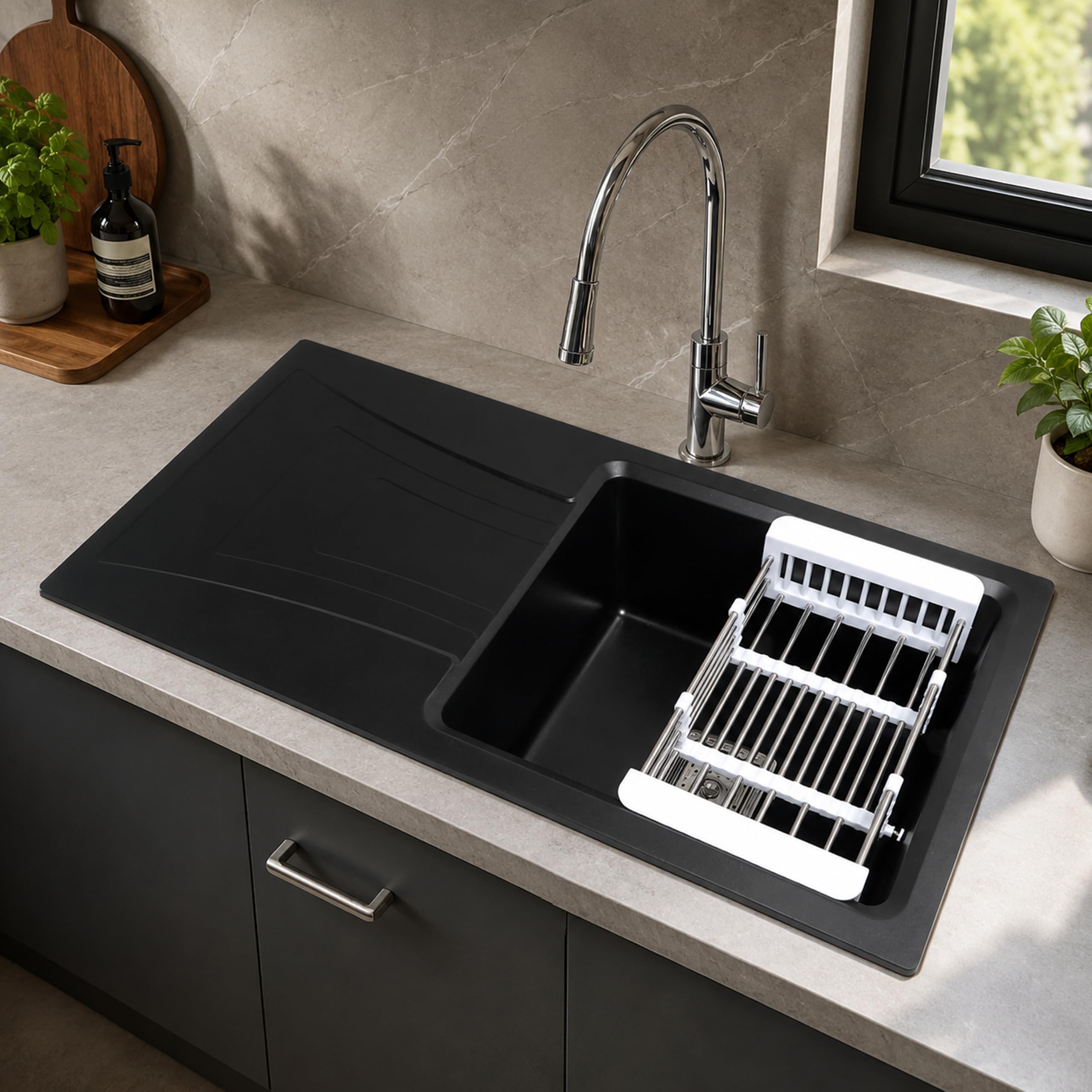 Ruhe® Quartz Single Bowl 36x18x9 Inches Drainboard Kitchen Sink | Black Non-fading Colour with UV Protection | Natural Stone Quartz/Granite Sink with Sink Coupling, Waste Pipe & Strainer Basket-image-24