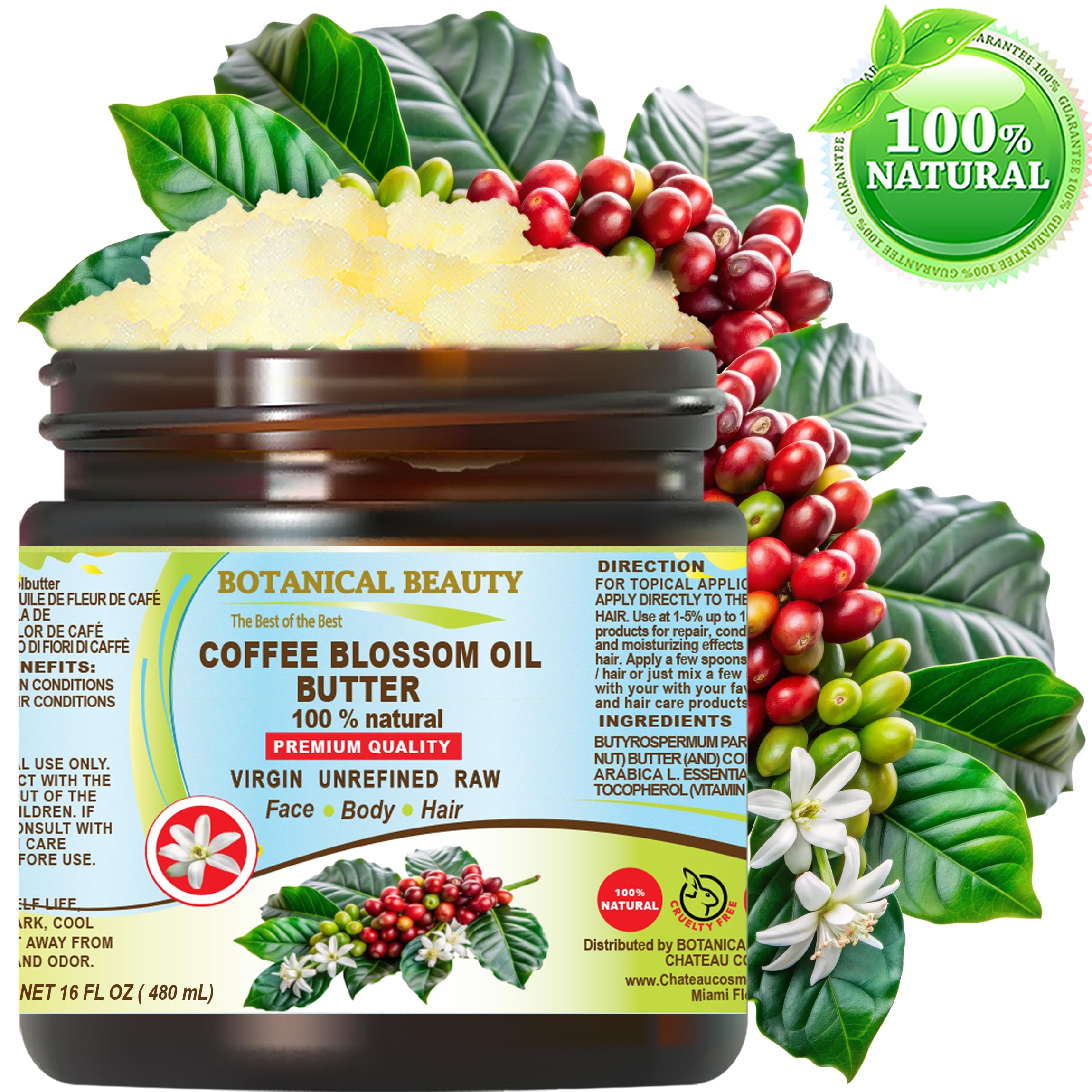 Botanical Beauty COFFEE BLOSSOM OIL BUTTER 100% Natural 16 Fl.oz.- 480 ml. Coffee Blossom Essential Oil in Shea Nut Butter for FACE, SKIN, BODY, HAIR, NAILS. Beauty Skin Moisturizer Oil Butter