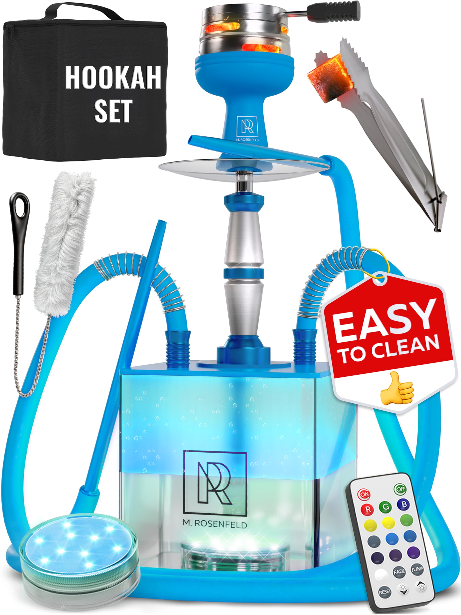 Royal Blue Hookah 2 Hose Hookah Set with Travel Case - YADO Square Shisha To Go - Cube Acrylic Hooka with Big Silicone Bowl for Smoking Coal Tongs Amazing Led Light Remote