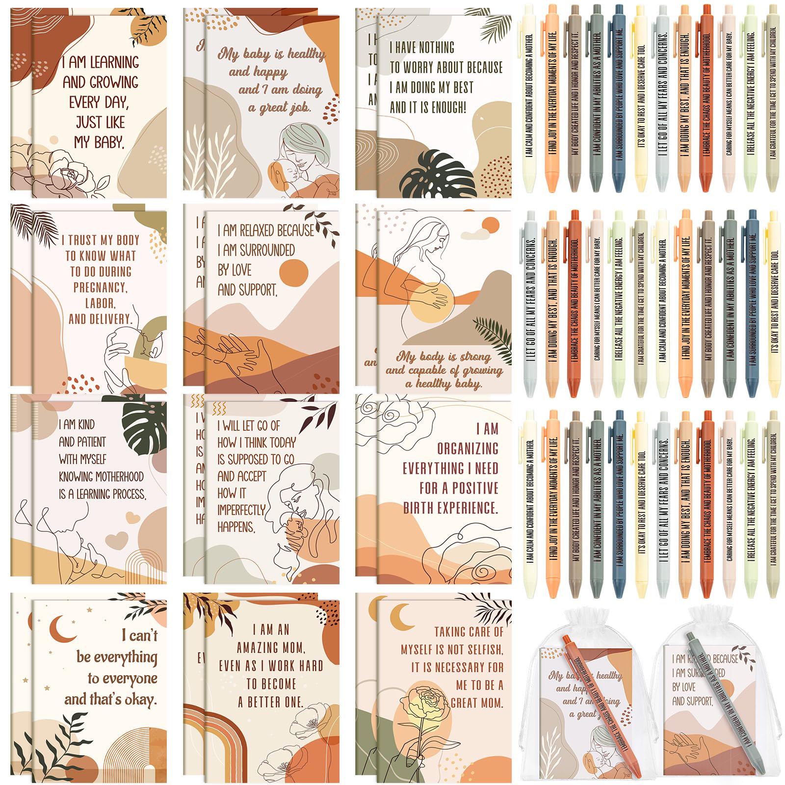 Mooliwe 24 Set/48 Pcs Mama Positive Affirmation Gift Set Gratitude Notebooks with Pen Small Bag Motivational Encouragement Notepad Daily Affirmation Journal for Women Stress Relief Self Care (New Mom)