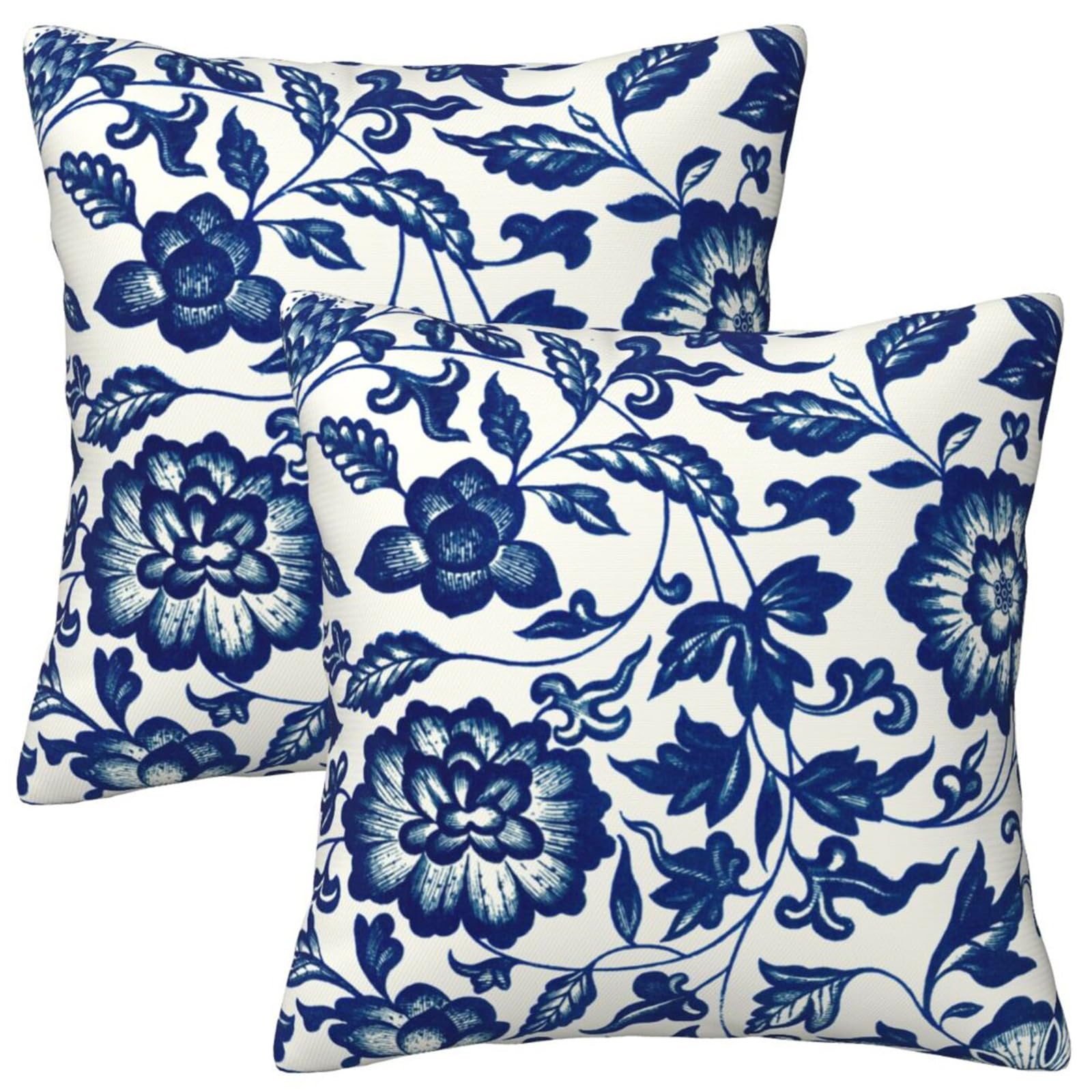 LOHDALOLF Blue and White Floral Cushion Covers 45x45 cm Set of 2, Chinoiserie Velvet Blue Cushions, French Country Navy Pillow Cases for Sofa Couch Living Room Bed — image 1