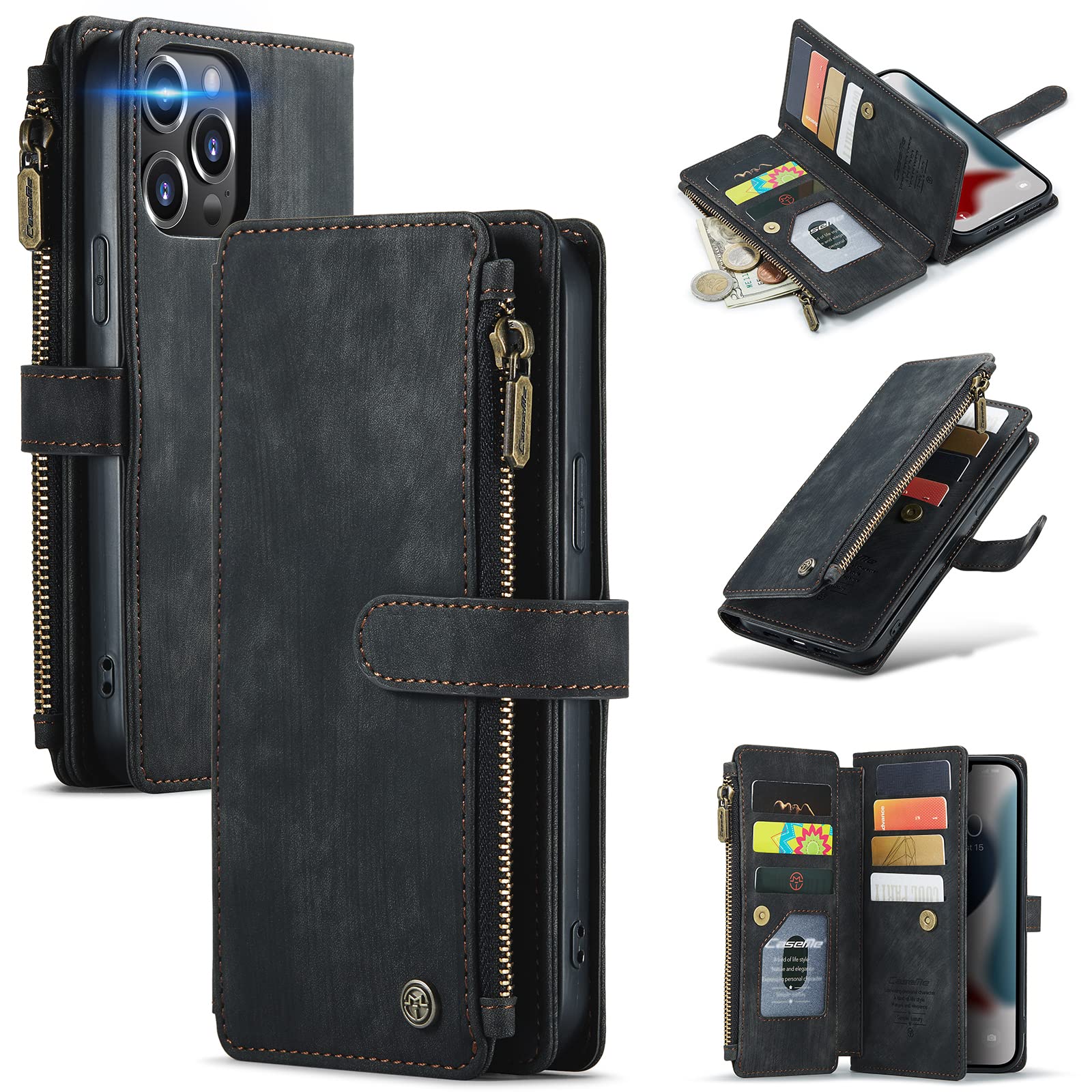 CaseMe for iPhone 13 Pro Max Case, for iPhone 13 Pro Max Wallet Case, Durable PU Leather [Magnetic Flip] [Zipper Pocket] [Kickstand Function] [Card Holder] Phone Case for iPhone 13 Pro Max, Black