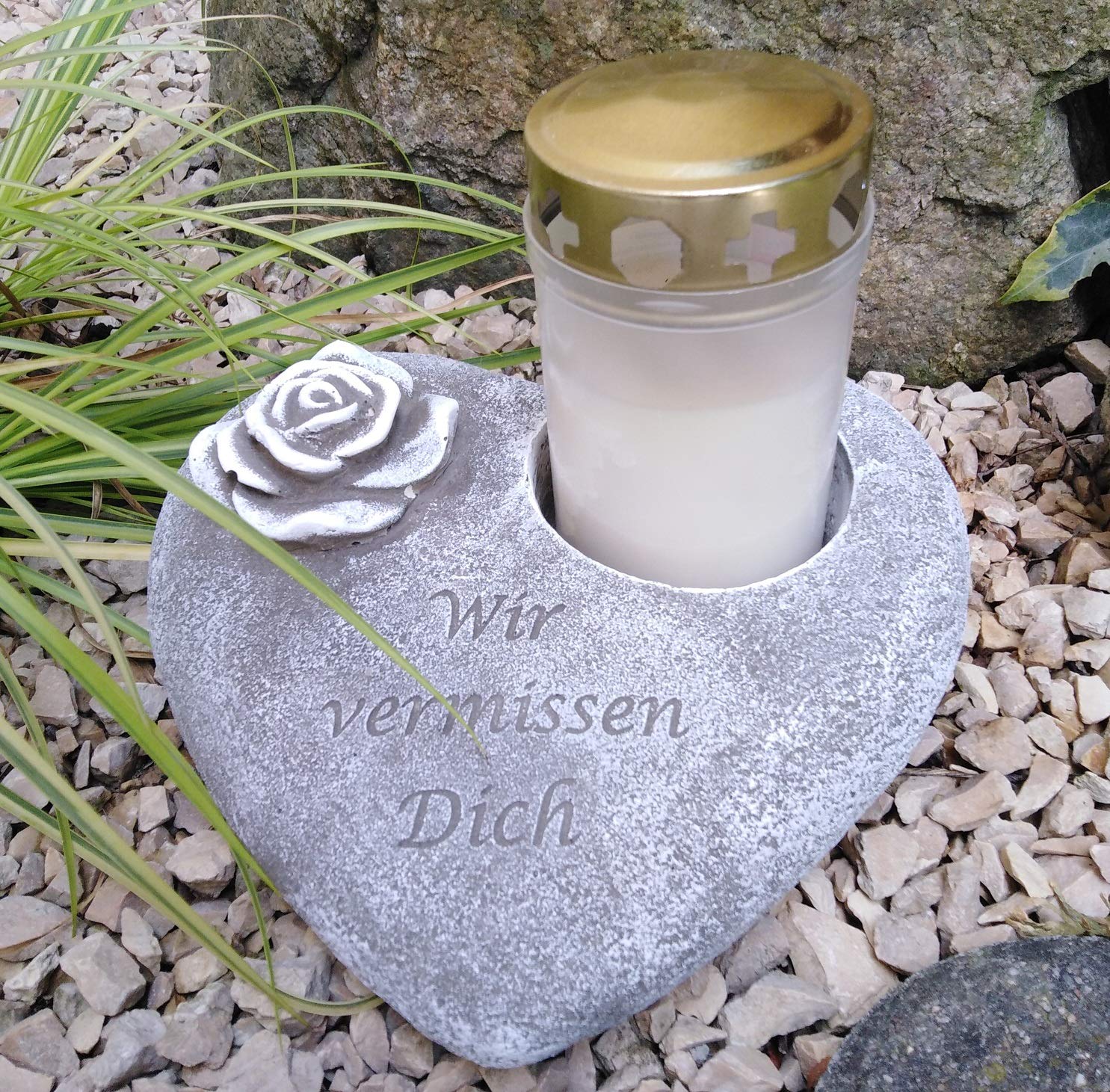 Radami Grabherz m.Rose Grabengel Spruch - Wir vermissen Dich - Grabschmuck Grabdeko Trauerherz Steinguss für Grablicht ca. 2 kg schwer