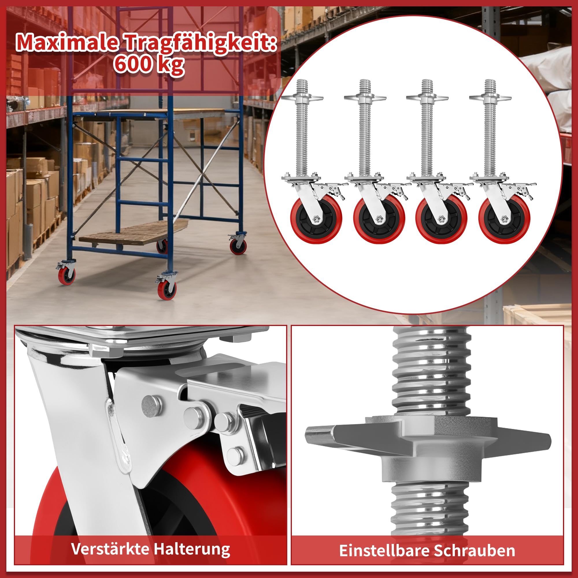 Juego de 4 ruedas para andamios de 6 pulgadas con husillo de acero, ruedas de 150 mm, husillo de andamio, diámetro de 30 mm, ruedas giratorias de 500 kg para andamios