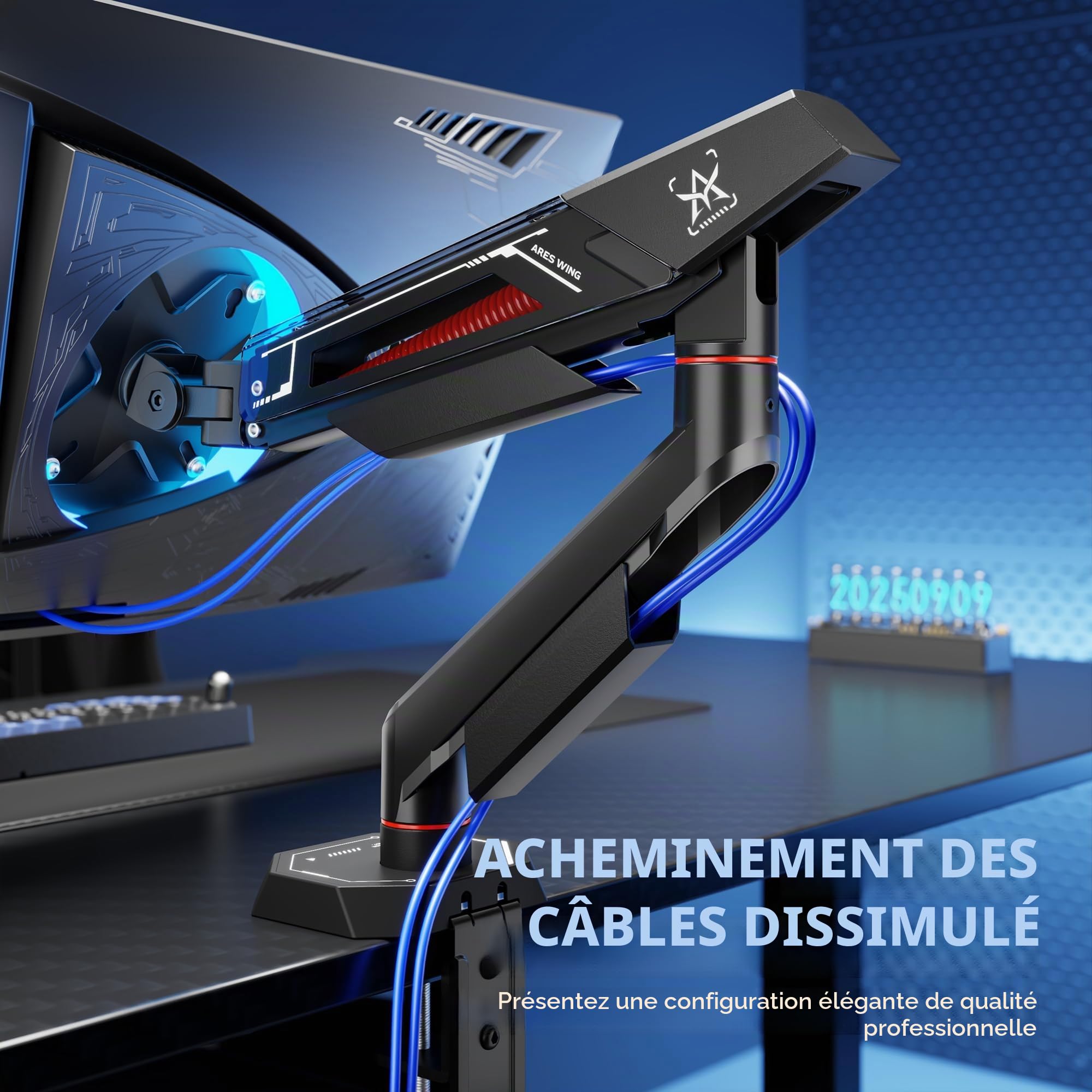 ARES WING Bras écran pc 17-40 Pouces Charge 12kg VESA 75/100 réglable Noir | Support écran pc plats & incurvés, multi-angle, fixation pince/trou，Gaming Monitor arm avec gestion câbles, aluminium