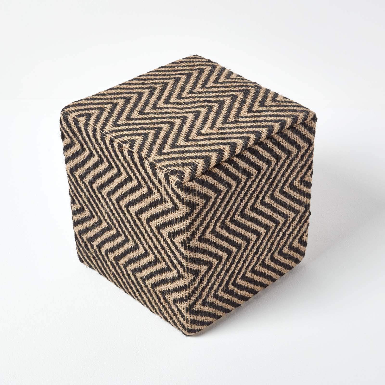 HOMESCAPES Pouf carré en Jute à Motifs Losanges Noir et crème 36 x 36 x 38 cm