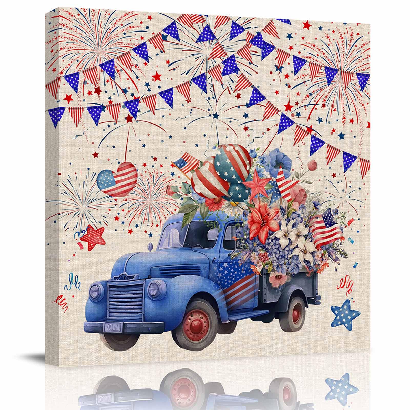 4th of July Framed Canvas Wall Art for Living Room American Flag Truck Wall Decor, Independence Day Patriotic Poppy Fireworks Aesthetic Paintings for