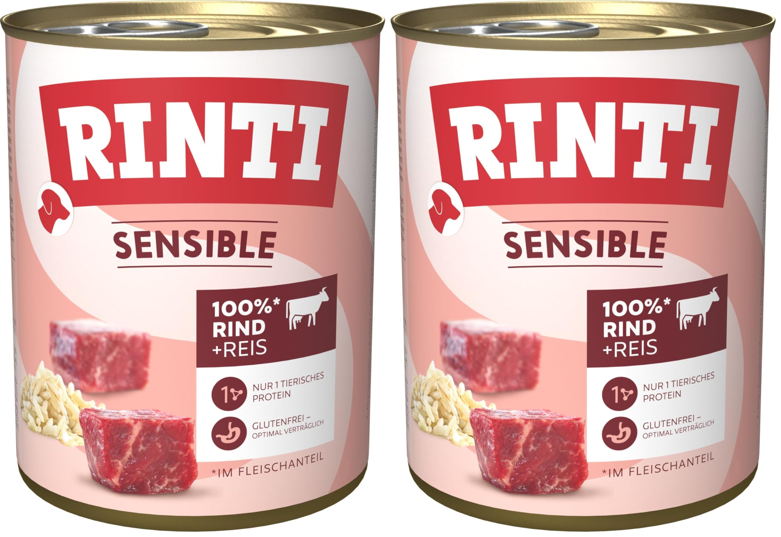 RINTI - Sensible | Nassfutter für Sensible, ausgewachsene Hunde mit natürlichen Fleischstücken. Getreidefreies Alleinfutter in der Dose ohne künstliche Zusätze | 6x800g Rind + Reis (Packung mit 2)