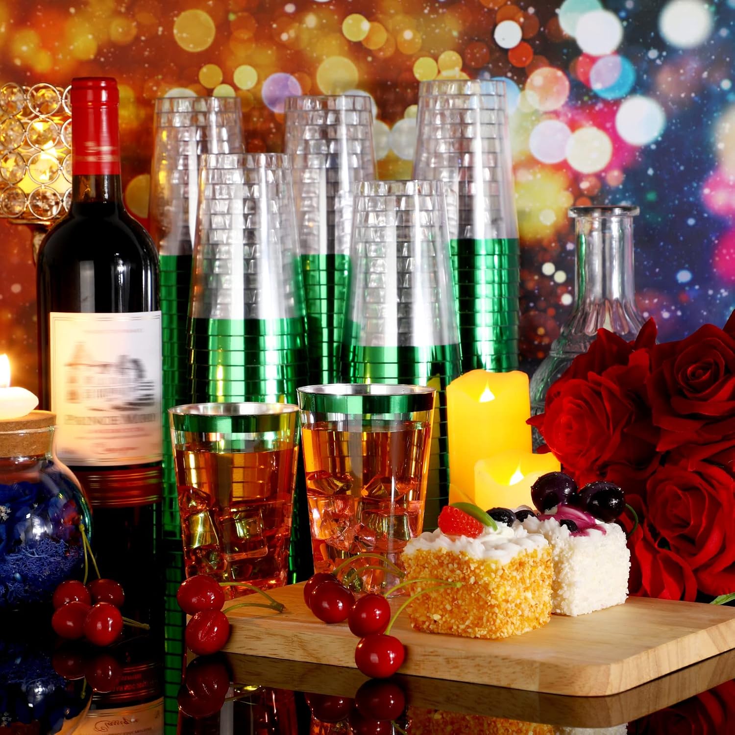 Norme 50 Pcs 12 oz Plastic Cups Disposable Cups 12 oz Plastic Glasses Clear Tumblers with Rim for Birthday Wedding Party Elegant Wine Coffee Cocktail(Green) - Image 5