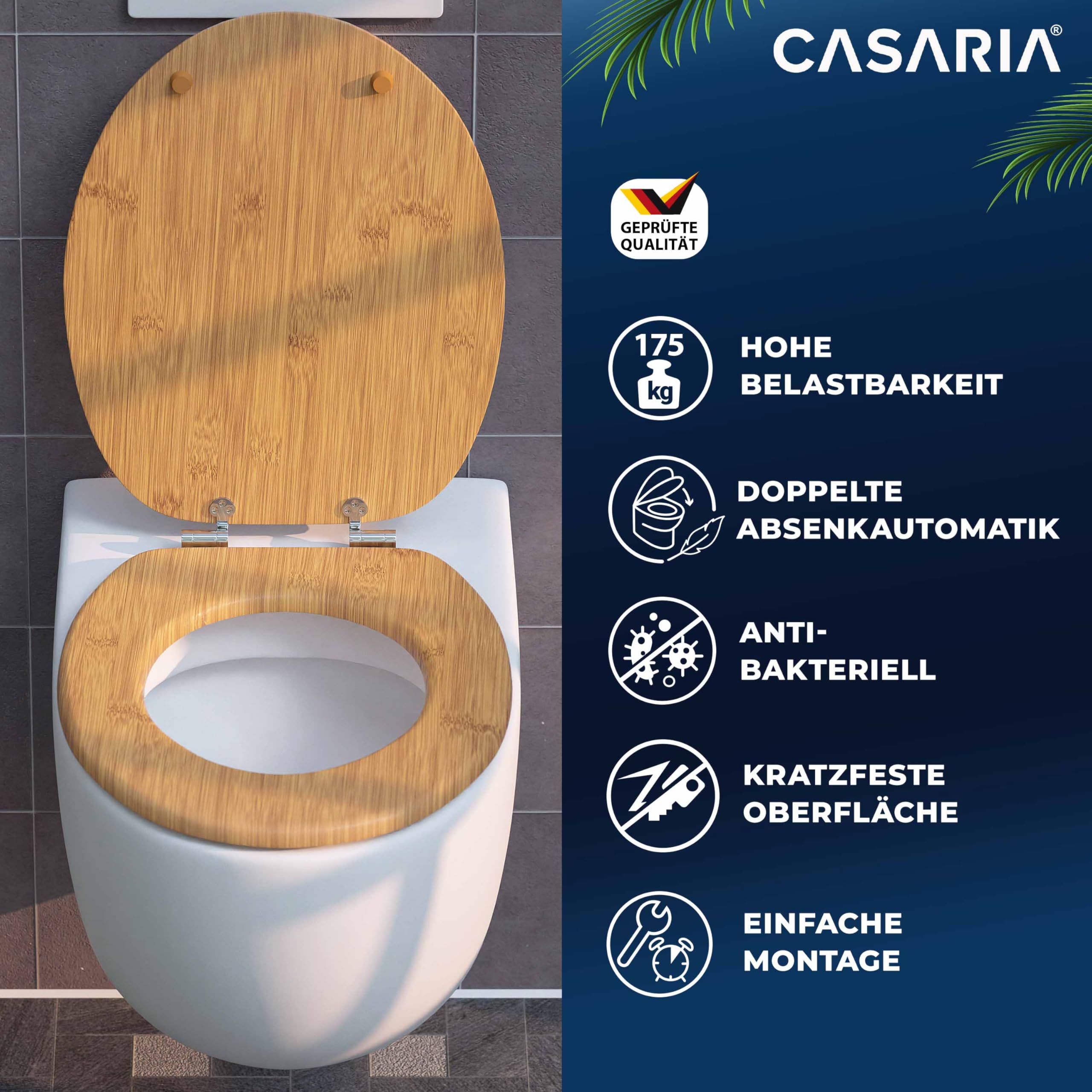 CASARIA® Toilettendeckel mit doppelter Absenkautomatik MDF rostfreie Metall Scharniere WC Sitz 175kg Belastbar Antibakteriell Toilettensitz Bambus