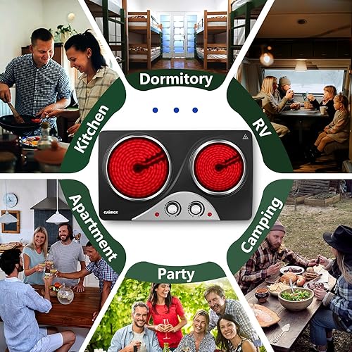 Miniatura 6 de Placa caliente, estufa eléctrica CUSIMAX de 1800 W, doble quemador, placa de cocina infrarroja de cerámica portátil, quemadores de doble control