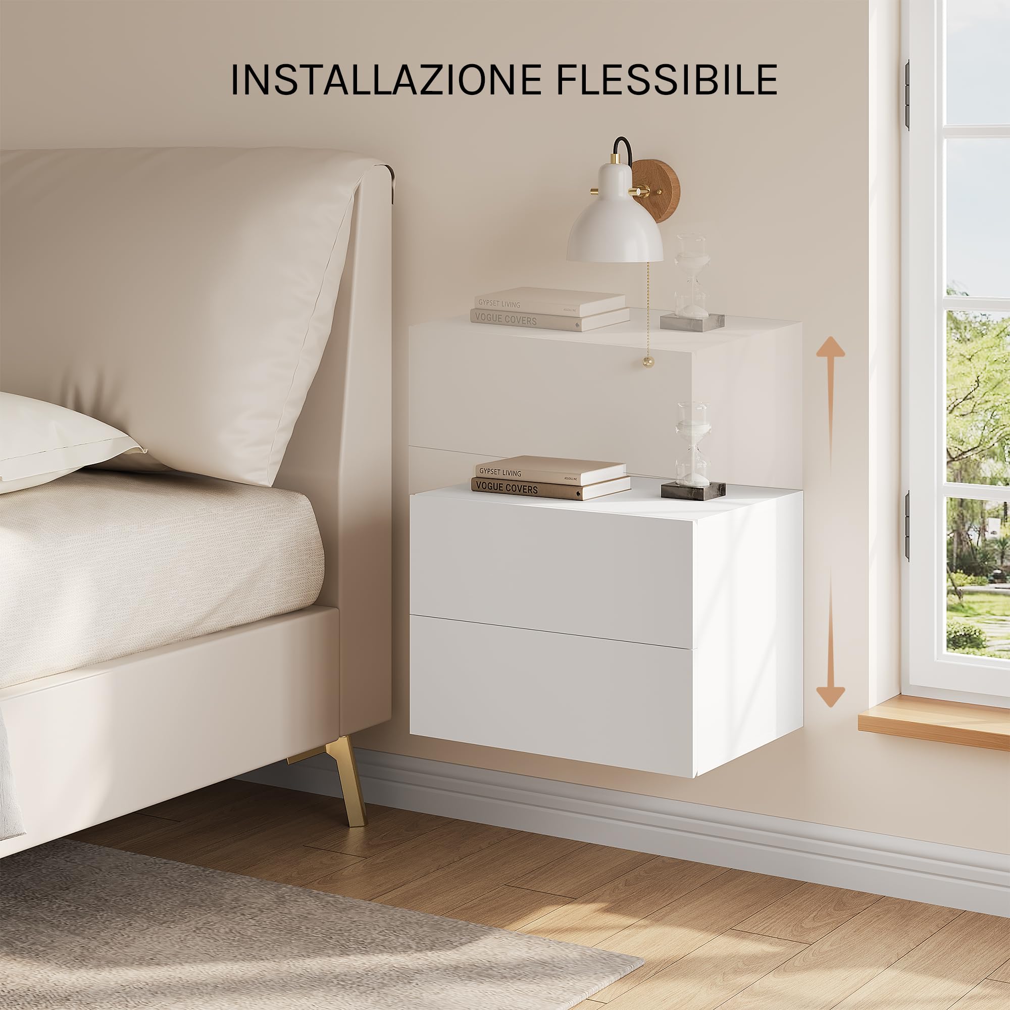 WOLTU Set di 2 Comodini Sospesi con Cassetto, Comodini Galleggianti, 40x30x30 cm, Mobili per Camera da Letto in Legno, Salvaspazio, Moderno, Bianco