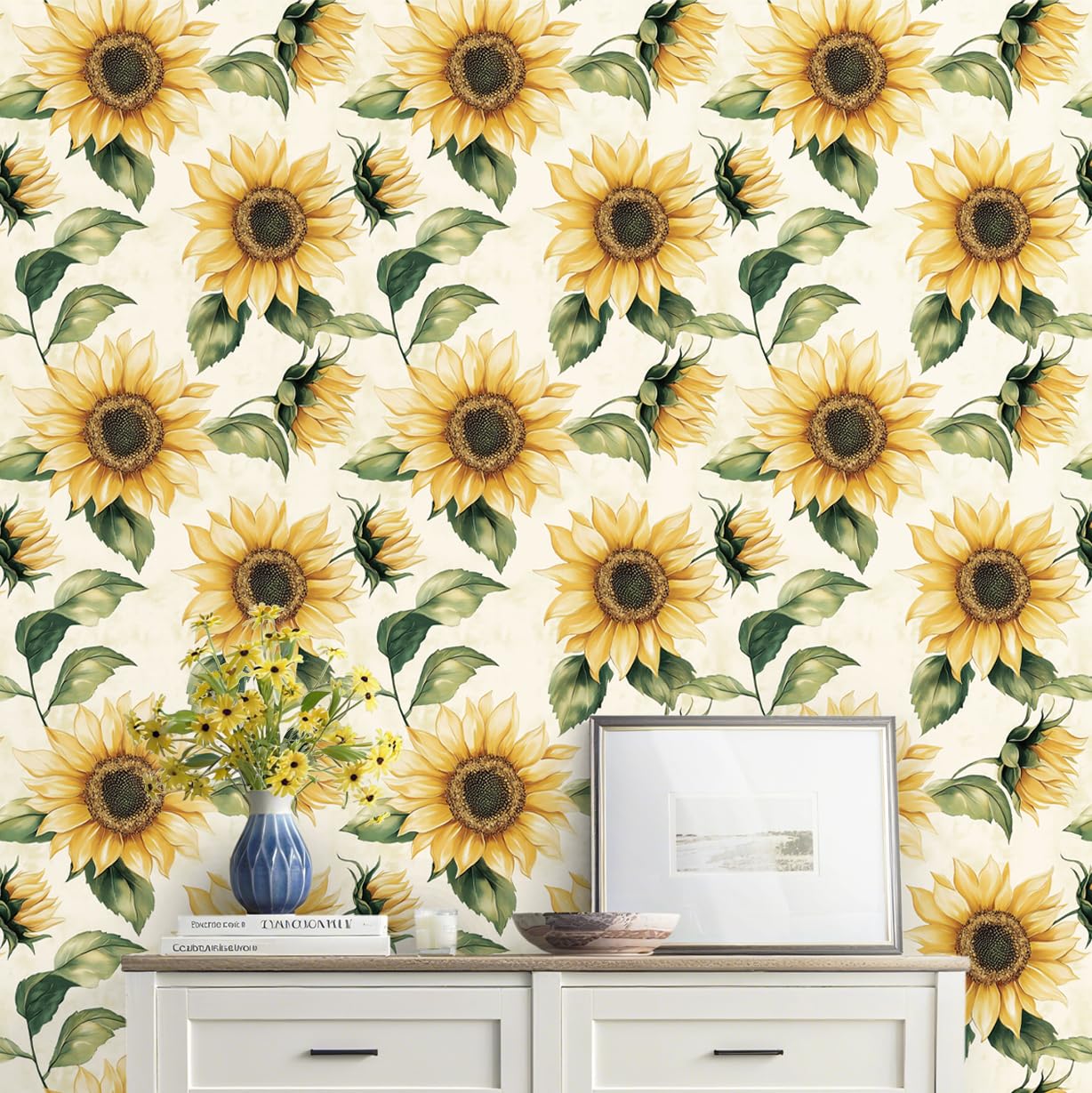Papier peint floral amovible tournesol adhésif et imperméable pour décoration murale chambre
