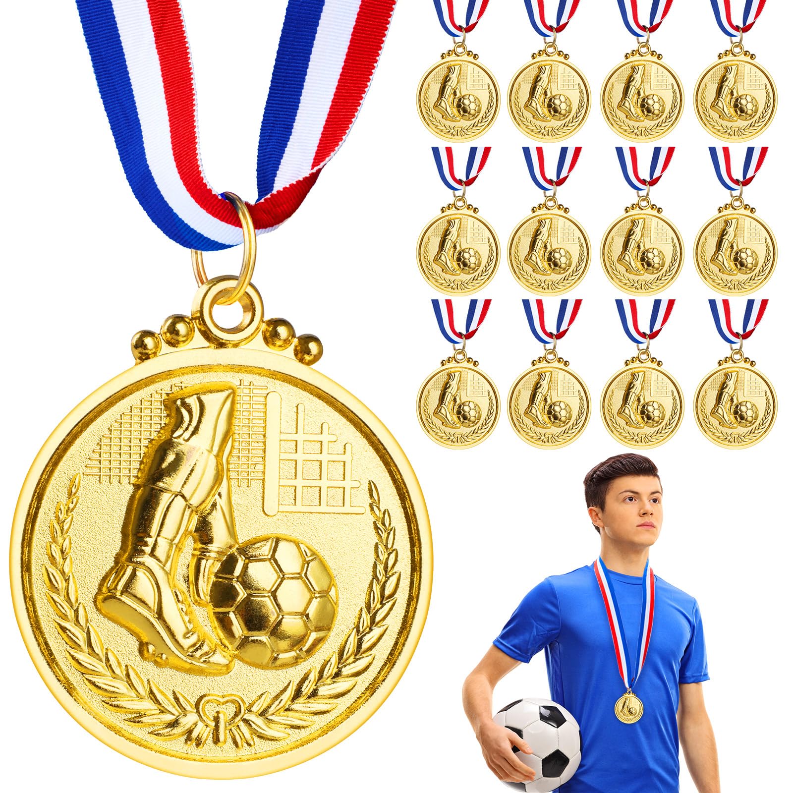 Hianjoo Medallas de Metal, Paquete de 12 Medallas de Fútbol para Niños y Adultos Ganador de Premio de Metal Dorado con Cinta para el Cuello, para Competiciones y Celebraciones de Fiesta de Fútbol - 1