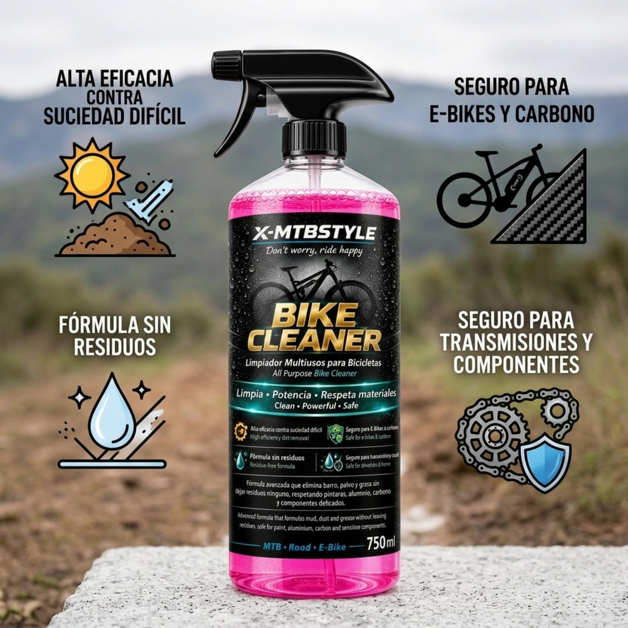 X-MTBSTYLE Środek do czyszczenia rowerów, 750 ml, spray do czyszczenia rowerów górskich, elektrycznych i szosowych - usuwa błoto, tłuszcz i brud - łagodny do malowania, łańcucha i komponentów (Dry