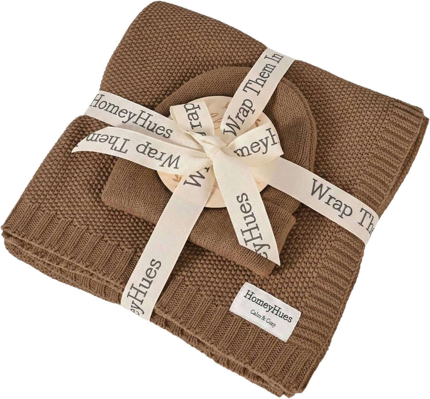 Luxury Baby Gift Set for Newborns - 100% Cotton Knit Blanket Essentials with Matching Beanie, Thoughtful Baby Shower & New Baby Gift for Boys & Girls(Caramel)