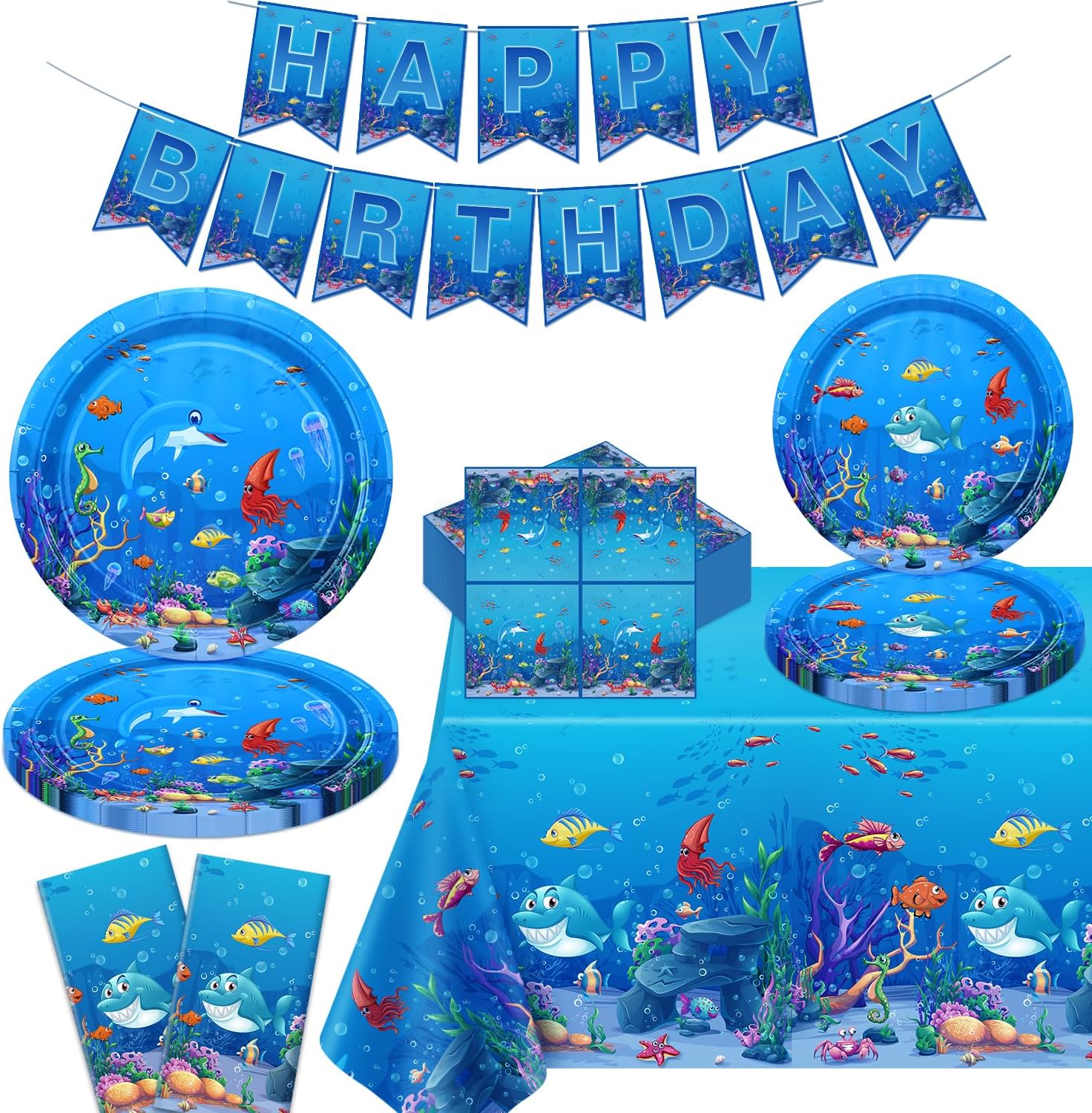 123 Pack Under The Sea Party Supplies Ocean Animal Birthday Party Decorations Set Ocean Themed Happy Birthday Supplies Include Plates, Napkins, Banner, Tablecloth for 40 Guests