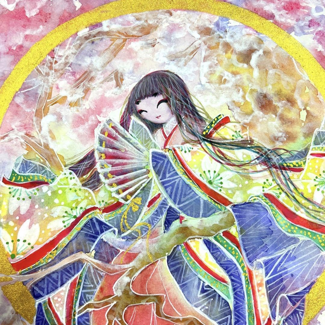 【真作】絵画　日本画　舞う童子図　可憐な童の舞扇と鼓　福を招く童子二人　X198 Amazon.co.jp: 吉祥金彩日本画「吉祥童子 十二単 金環常盤桜」光る君へ