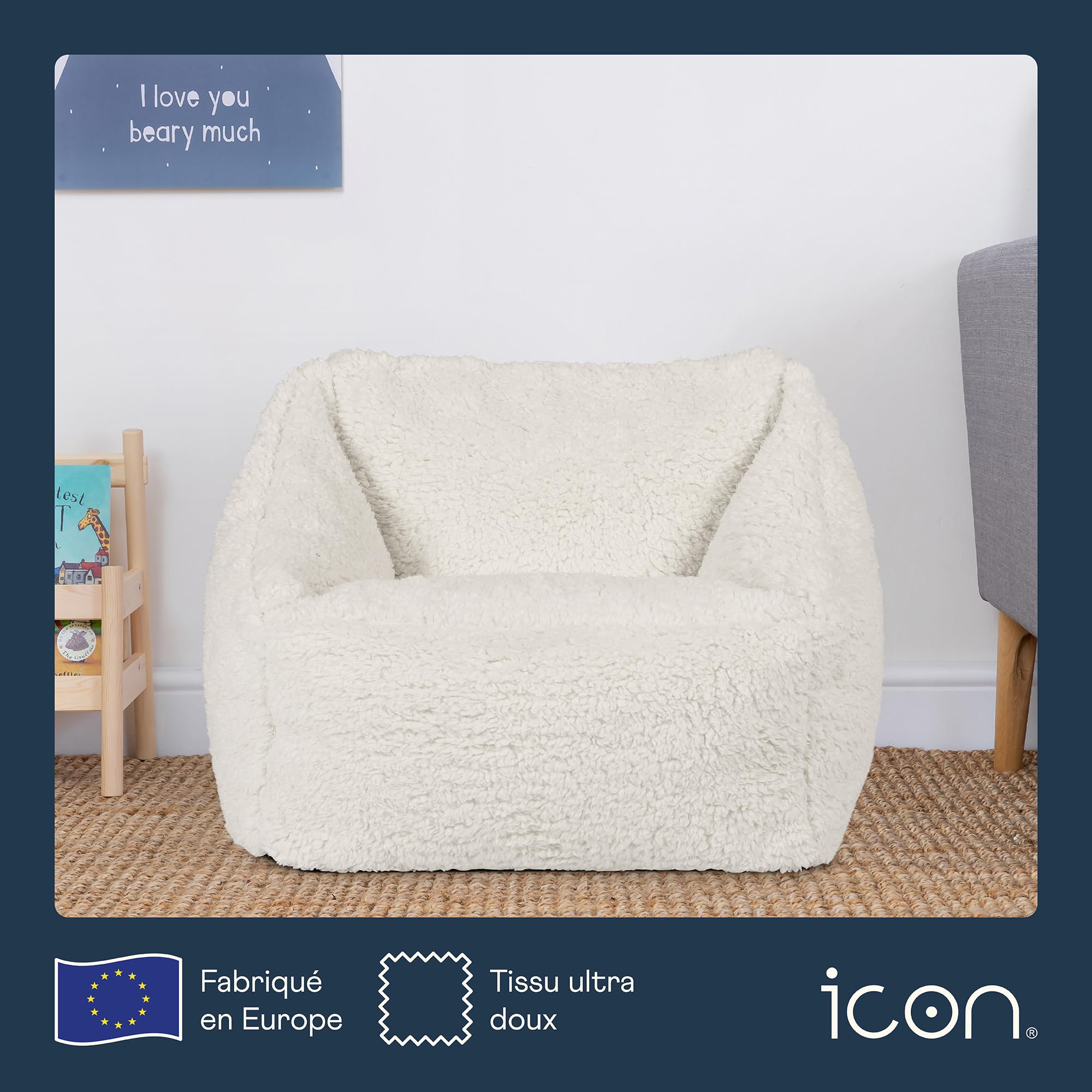 Icon Natalia Teddy Pouf Enfant, Tissu Bouclé, pour Poire avec Remplissage, Chaise Enfant, Fauteuil Chambre, Meuble Chambre, Meuble Salon, Crème