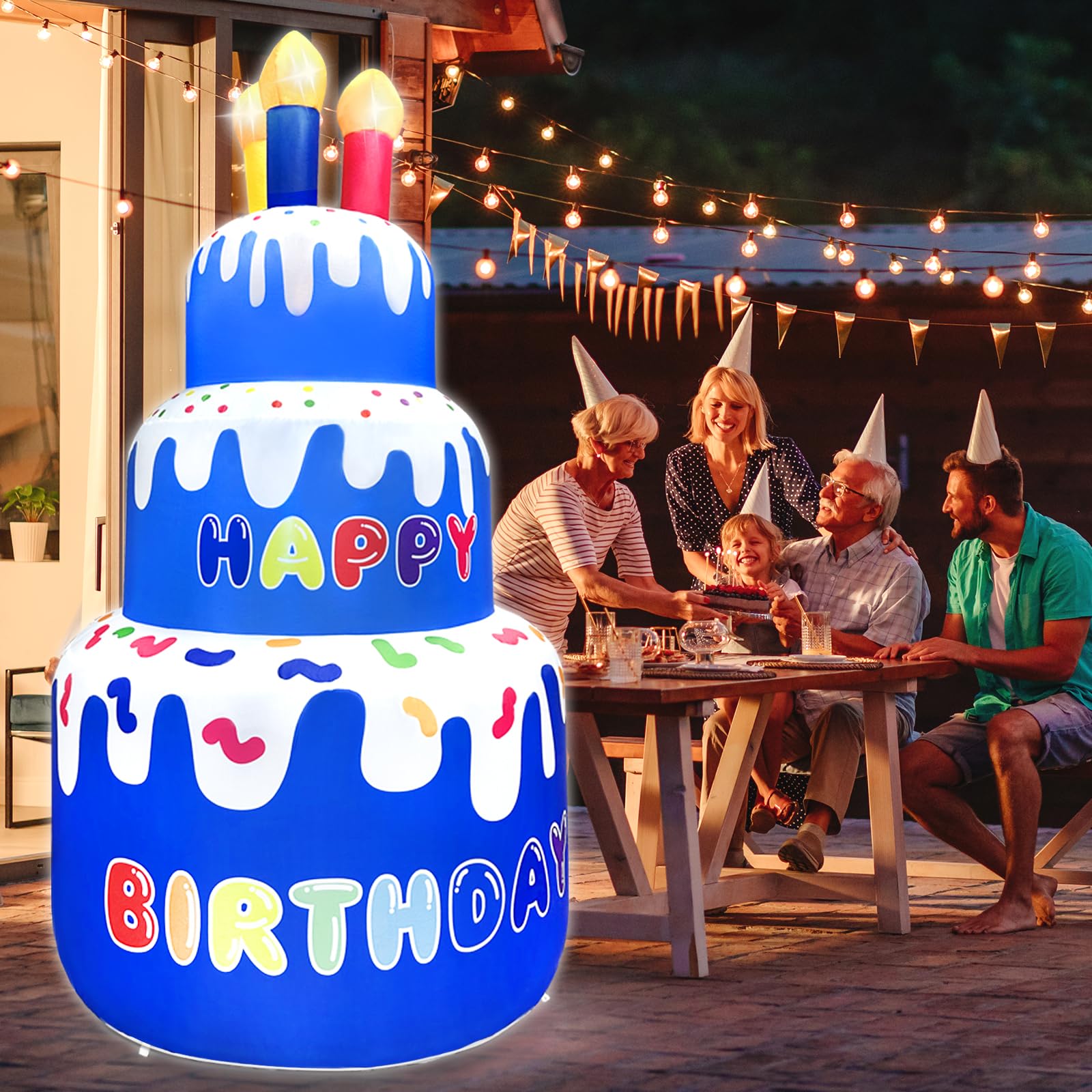 6FT Happy Birthday Cake Inflatable Decorations, Build-in LED Lights, Birthday Inflatable Outdoor Yard Decorations for Boys Girls Birthday Party Indoor Garden Yard Sign Decor (Blue)