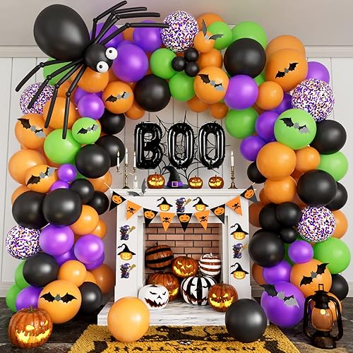 Miniatura 1 de DBKL Kit de arco de guirnalda de globos de Halloween con globo de papel de aluminio BOO, globos de araña negro, naranja, morado, fruta, verde,
