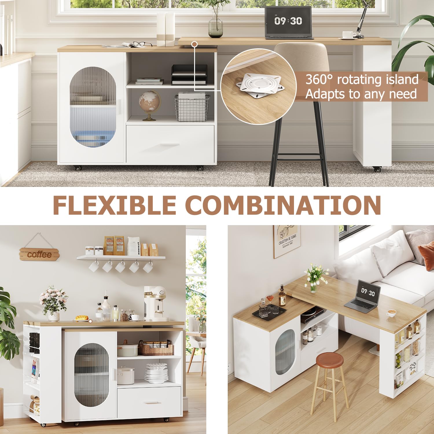 IBF Isola Cucina Indipendente Con Piano Di Lavoro Su 7 Ruote Armadio Cucina Carrello Cucina Isola Cucina Moderna Mobile Con Piano In Legno Girevole 360 Gradi E Cassetto Bianco 184 cm