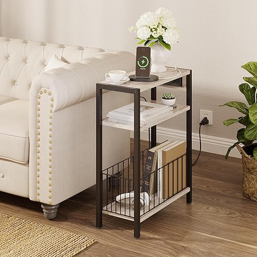 Miniatura 7 de Mesa auxiliar estrecha con estación de carga, mesa auxiliar pequeña para espacios pequeños, mesita de noche delgada con cesta de almacenamiento,